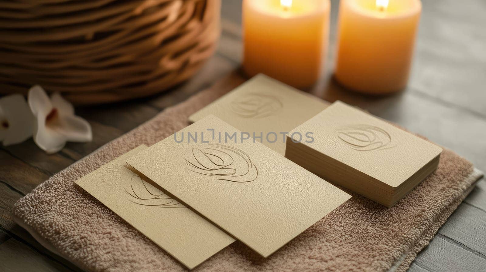 Soft candlelight creates a serene atmosphere around textured beige cards arranged neatly on a towel, situated on a wooden surface, enhancing the tranquil spa environment.