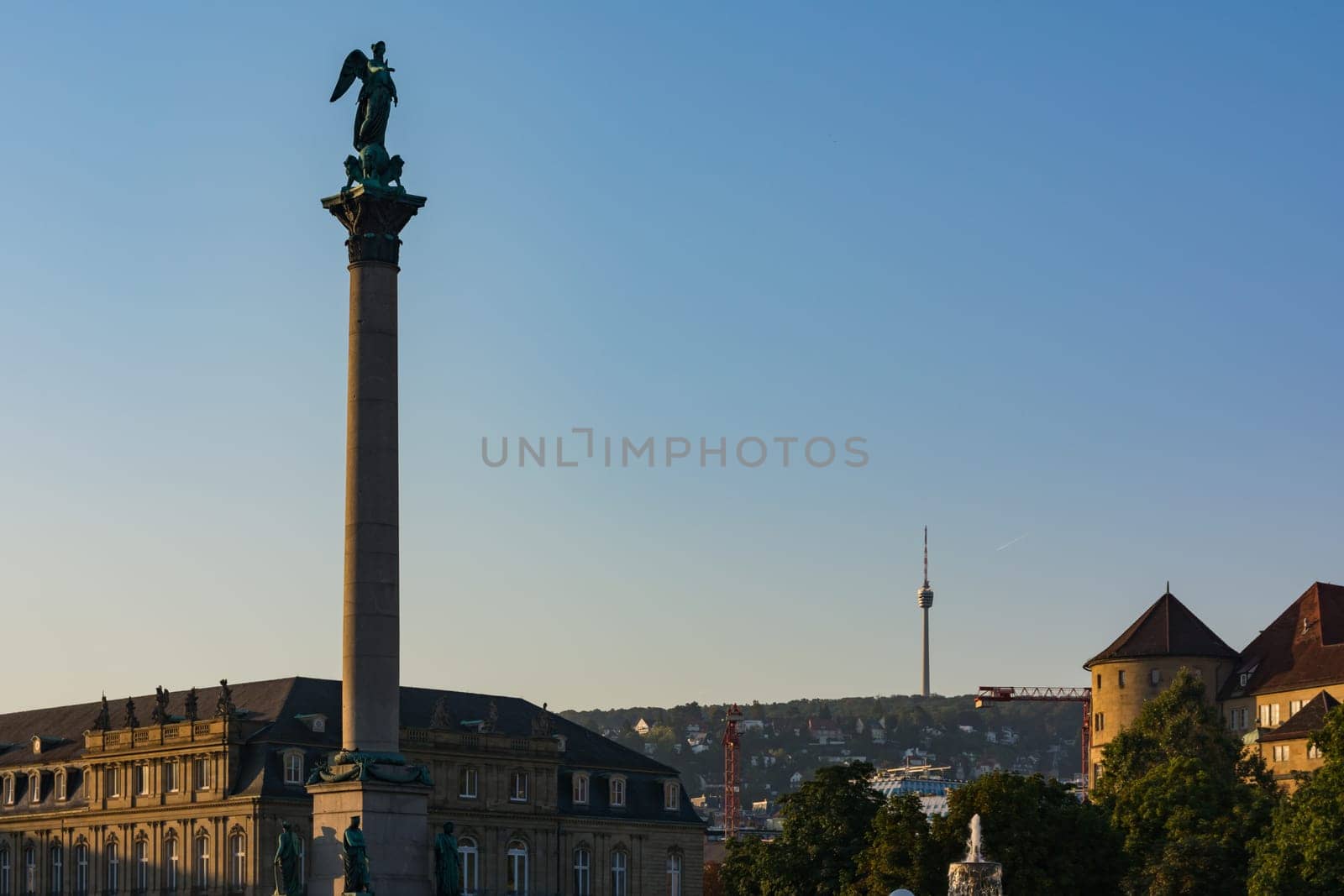 Stuttgart Germany Victory Column TV Tower Schlossplatz Castle City Center Sunrise