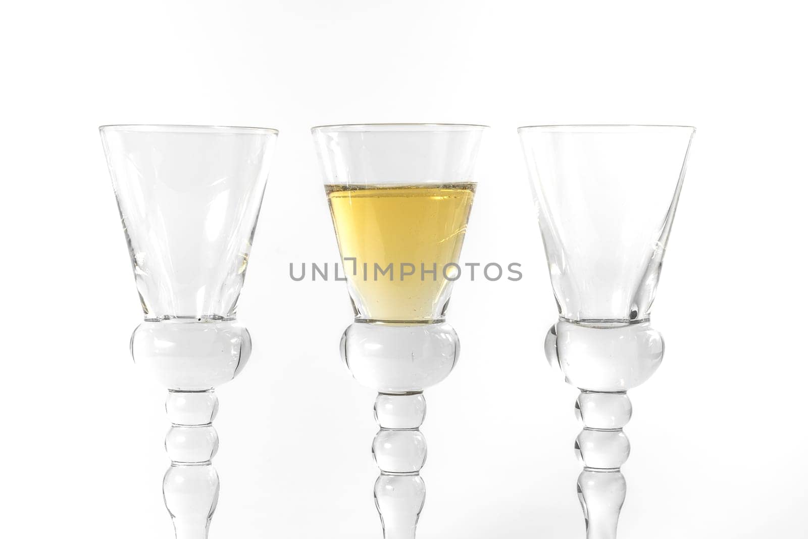 Single Shot Glass Wine Style Isolated White Background Triple Three Together Full Empty Contrast Elegant Fancy Round Stem