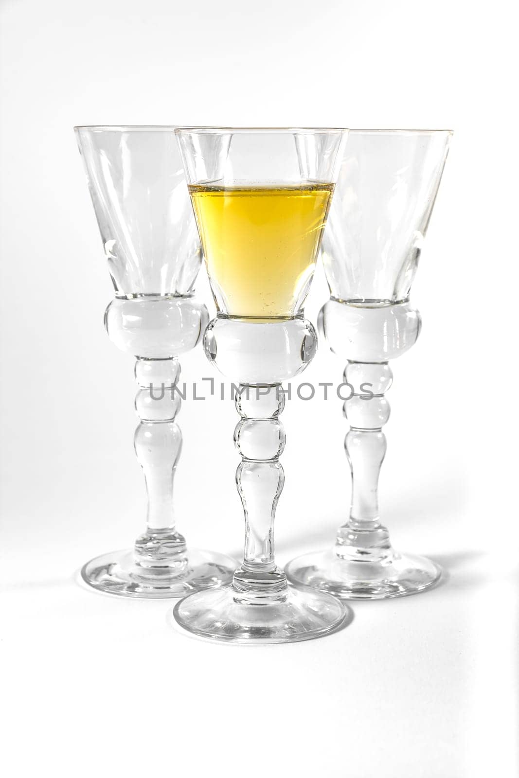 Single Shot Glass Wine Style Isolated White Background Triple Three Together Full Empty Contrast Elegant Fancy Round Stem