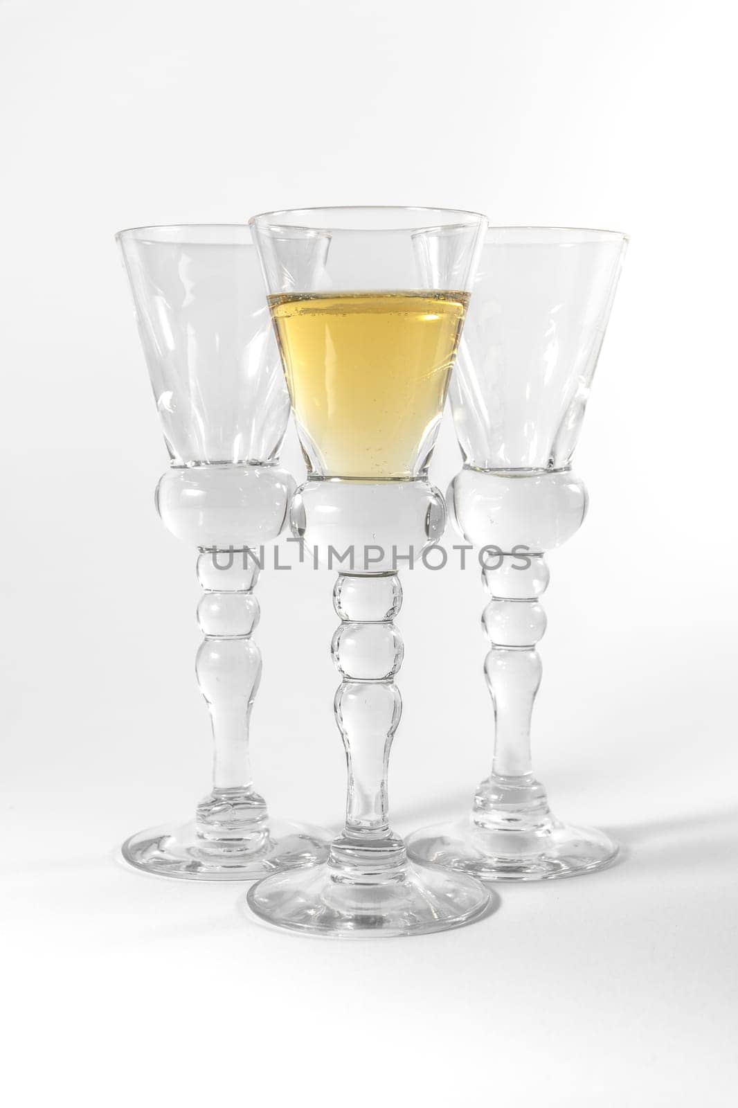 Single Shot Glass Wine Style Isolated White Background Triple Three Together Full Empty Contrast Elegant Fancy Round Stem