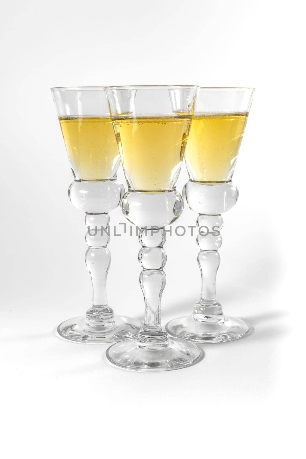 Single Shot Glass Wine Style Isolated White Background Triple Three Together Full Empty Contrast Elegant Fancy Round Stem