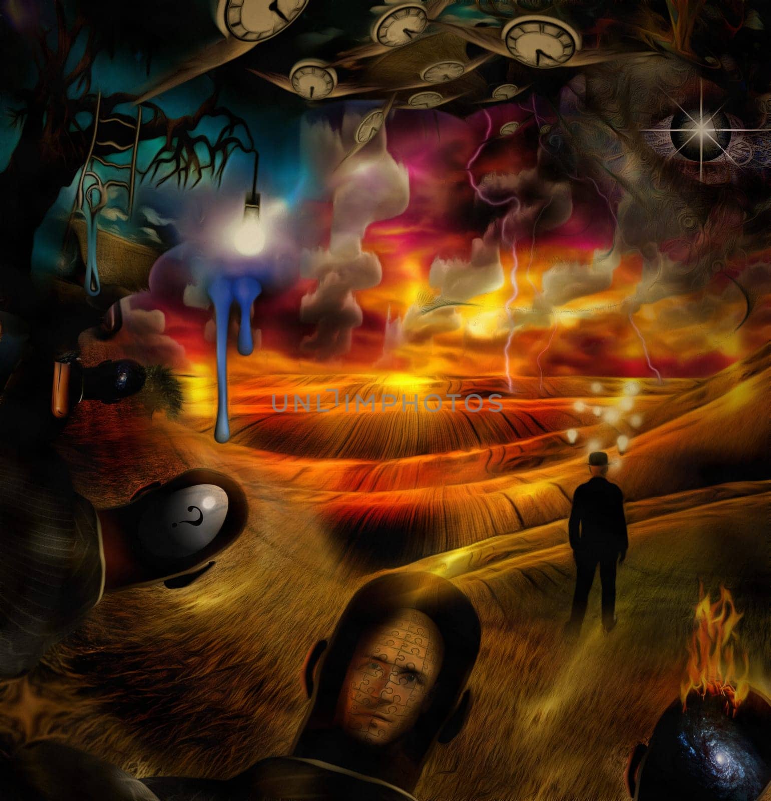 Surreal painting. Men's heads with different thoughts. Businessman with light bulbs around head stands in the field. Lightbulb on a tree branch. Winged clock represents flow of time.