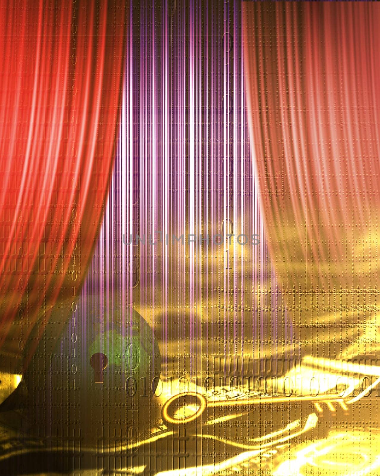 Symbolic composition. Internet commerce. Binary code, dollars banknotes. Planet Earth and golden key