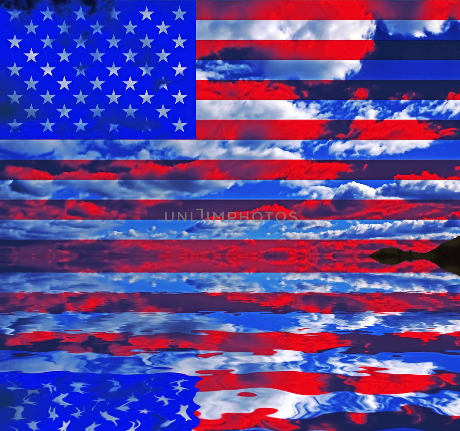 Surreal digital art. USA Flag over clouds reflected in the water.