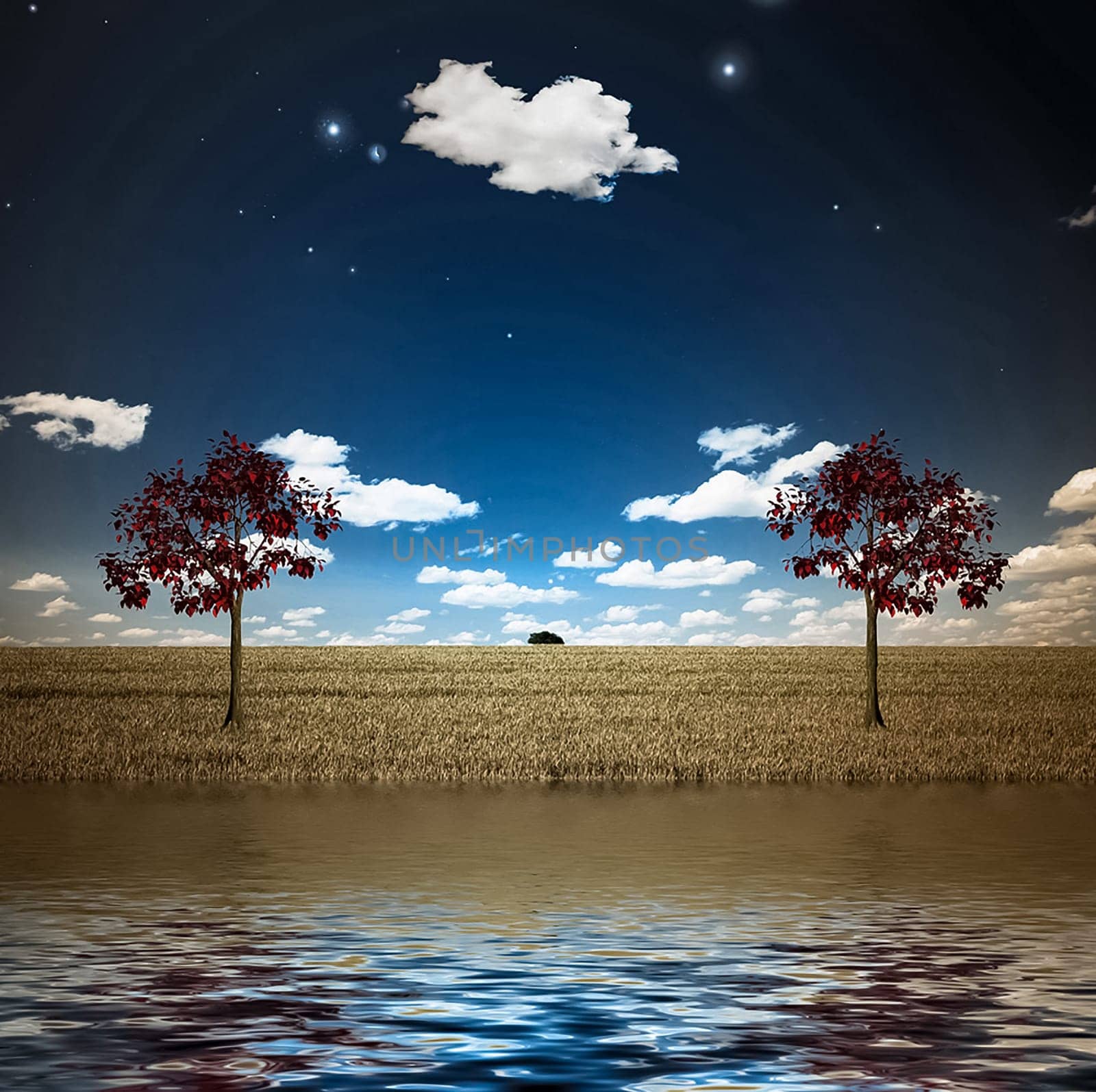 Lake and red trees. 3D rendering.