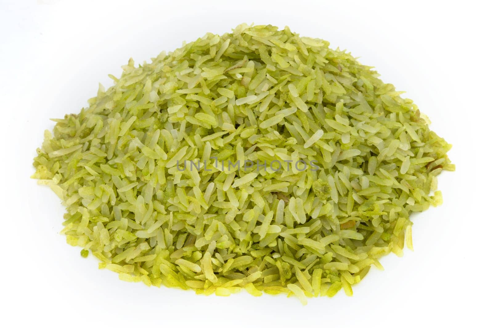 Heap green rice on white, special asian rice on white background