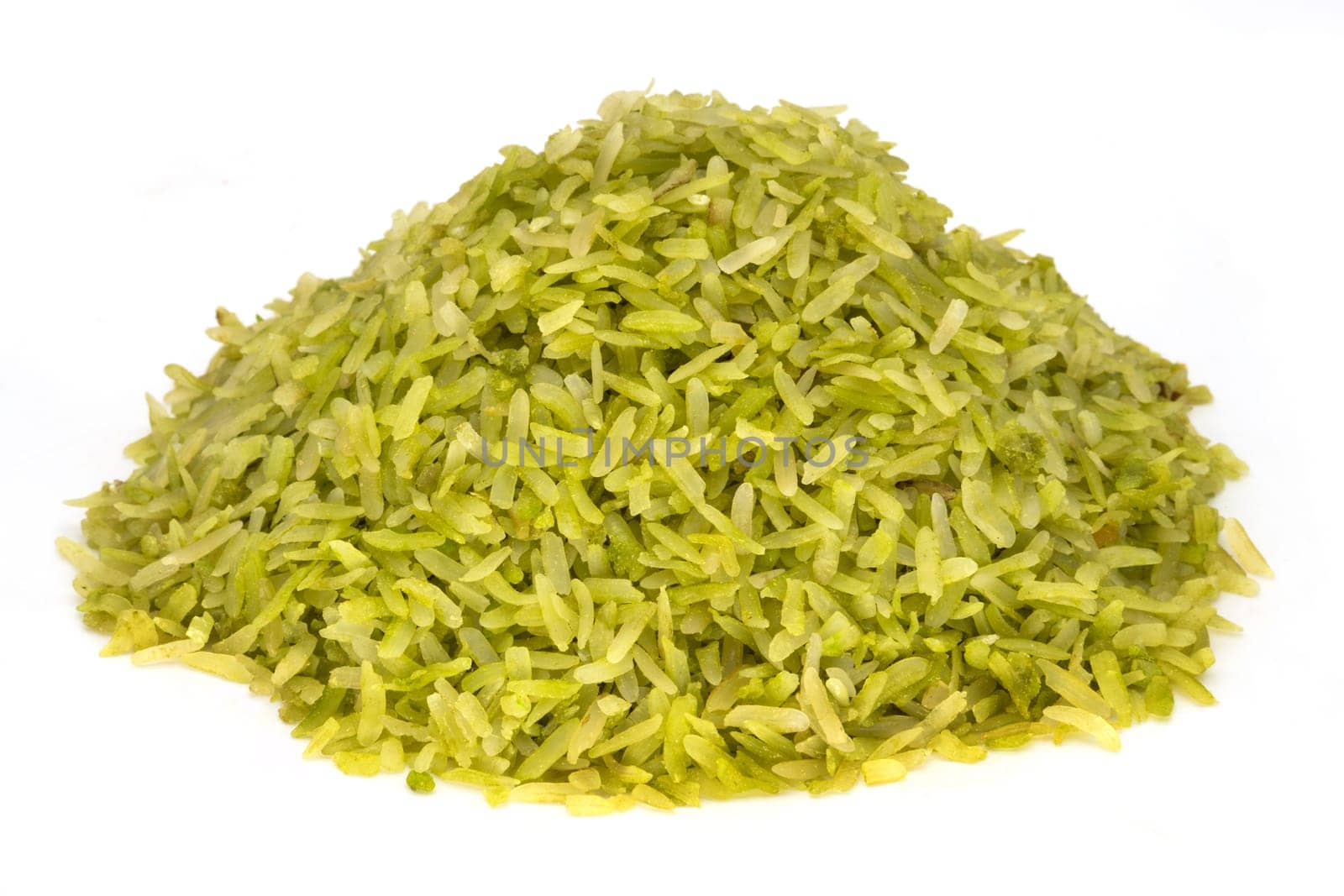 Heap green rice on white, special asian rice on white background
