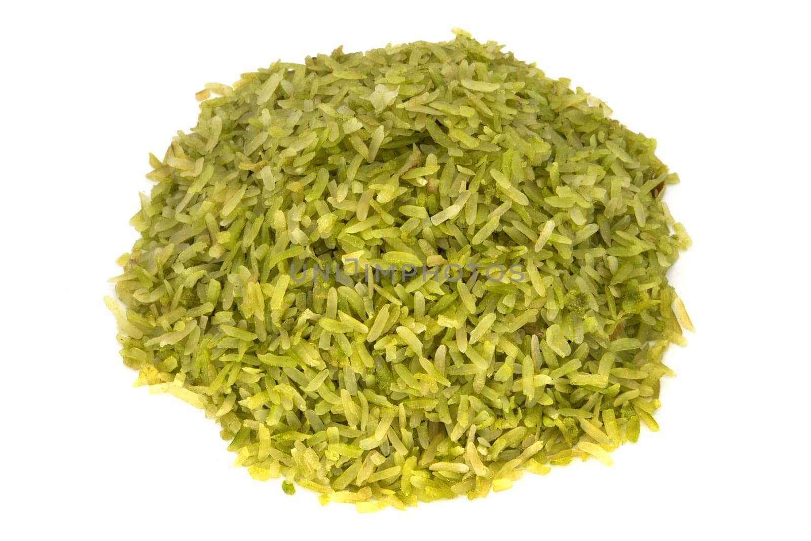 Heap green rice on white, special asian rice on white background