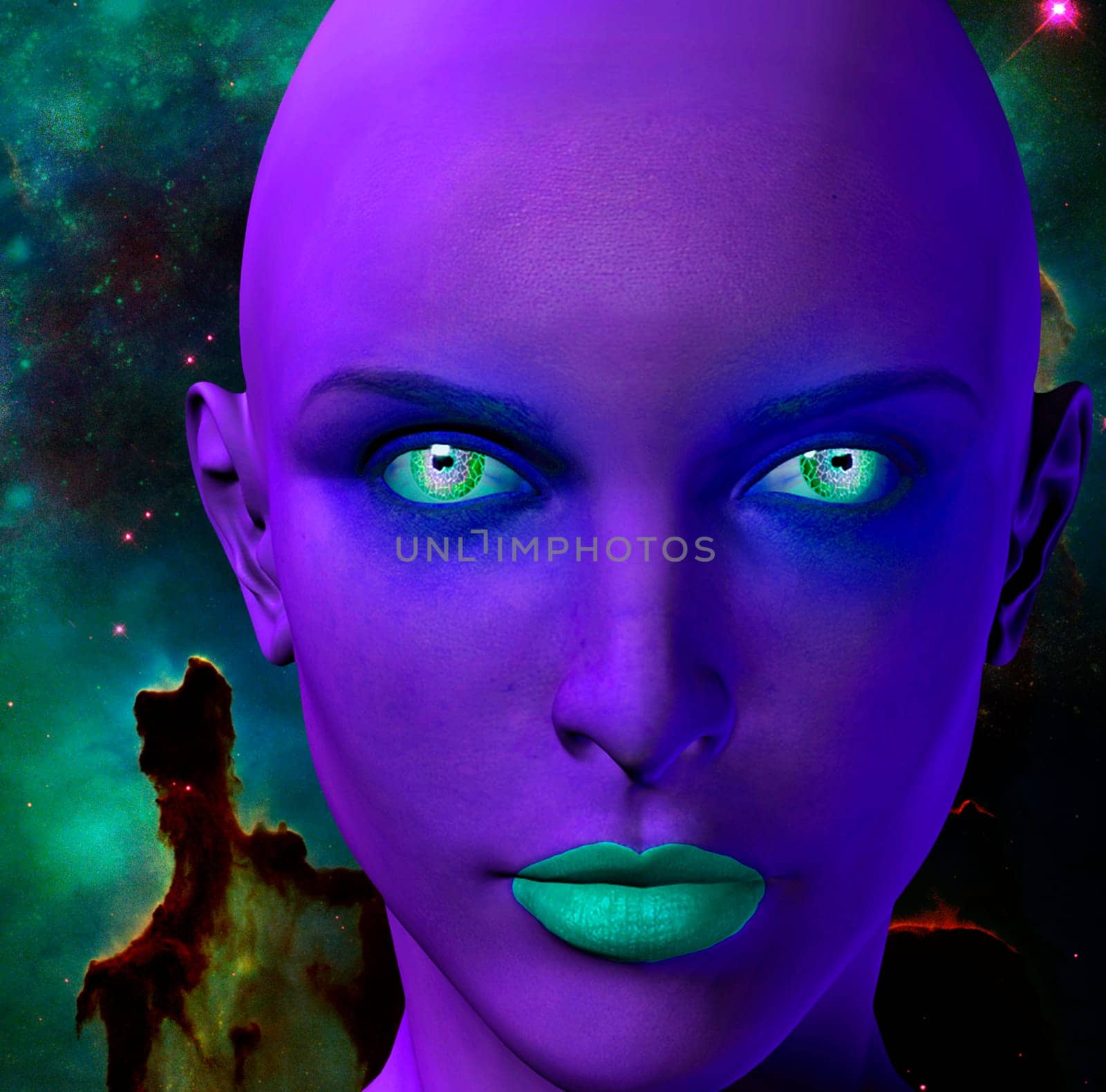 The face of female alien. Colorful universe on a background.