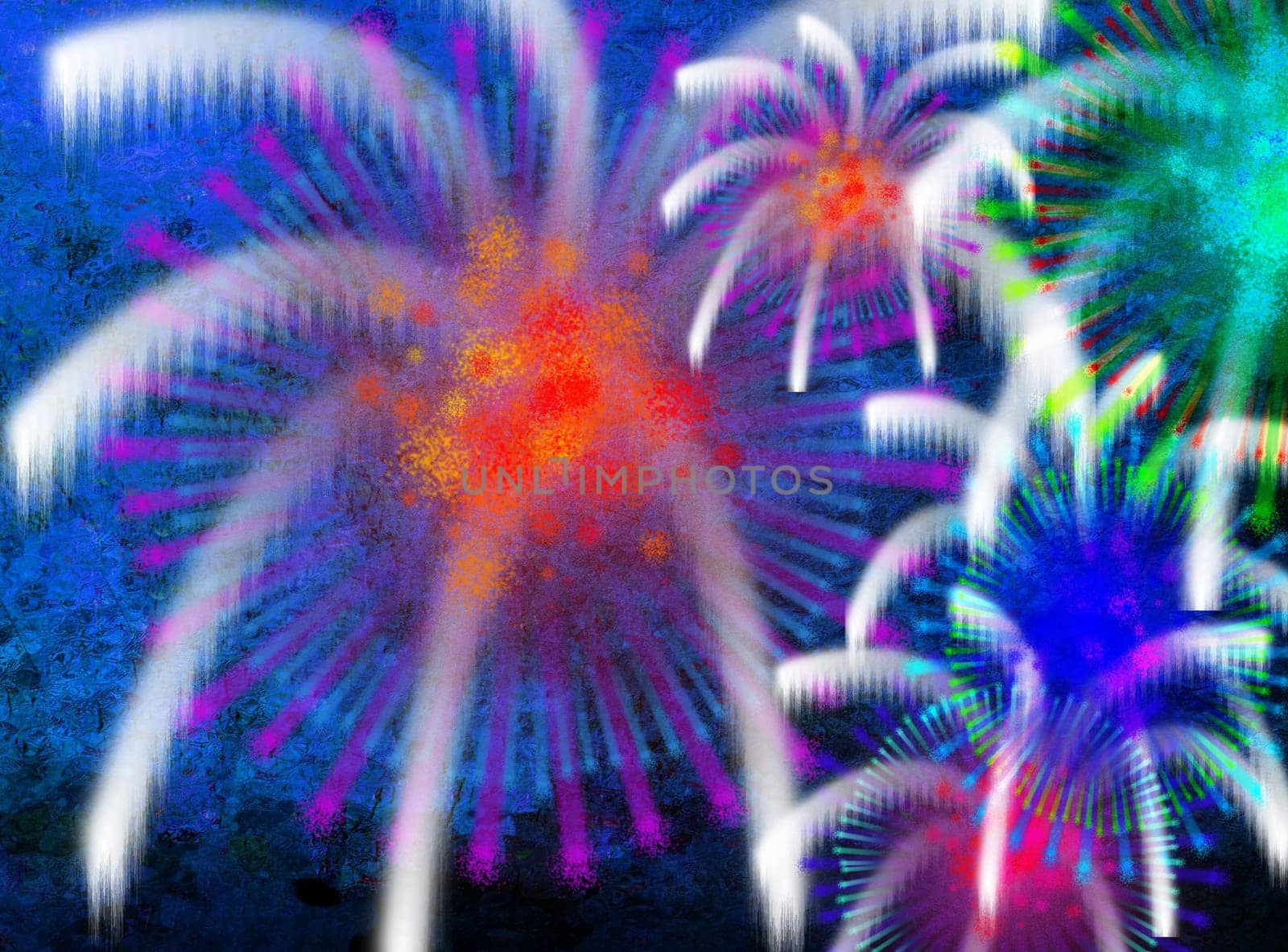 Abstract composition. Colorful fireworks. 3D rendering