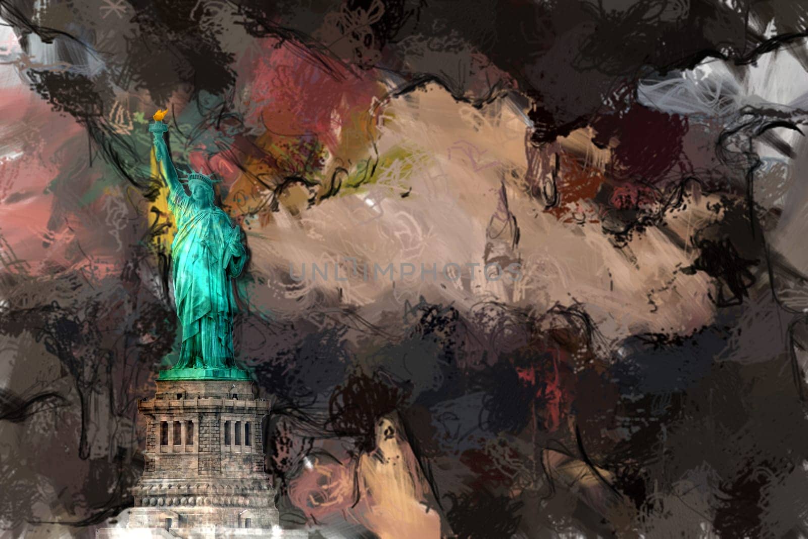 Abstract painting. Liberty statue. 3D rendering