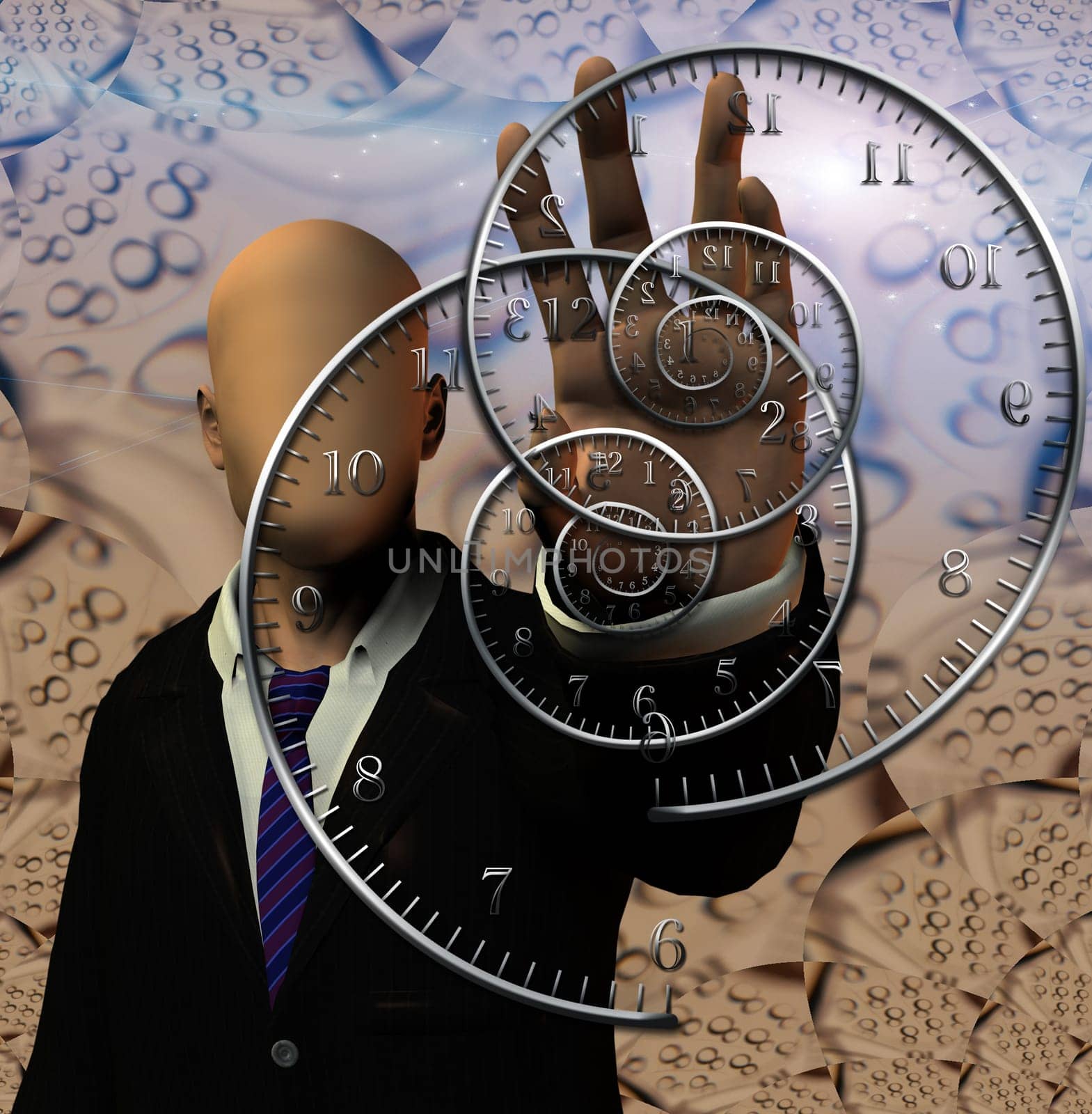 Faceless man and time spirals. 3D rendering