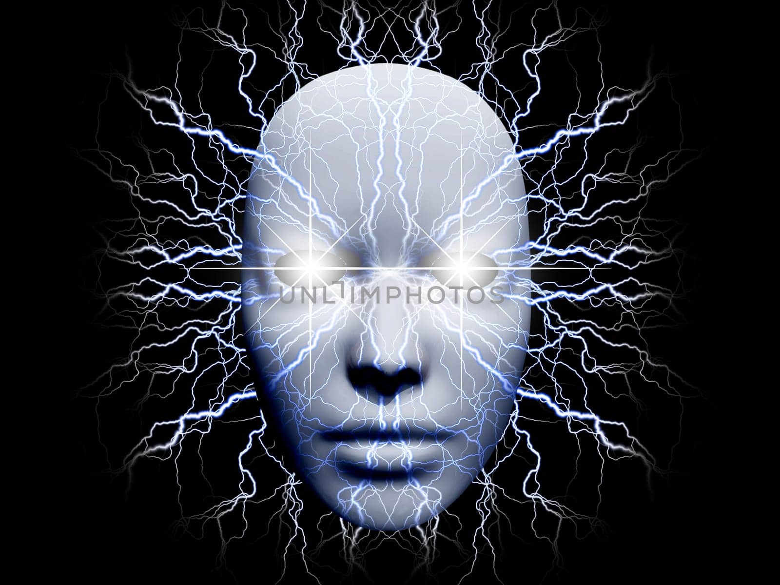 Surreal composition. Mask with lightnings and glowing eyes