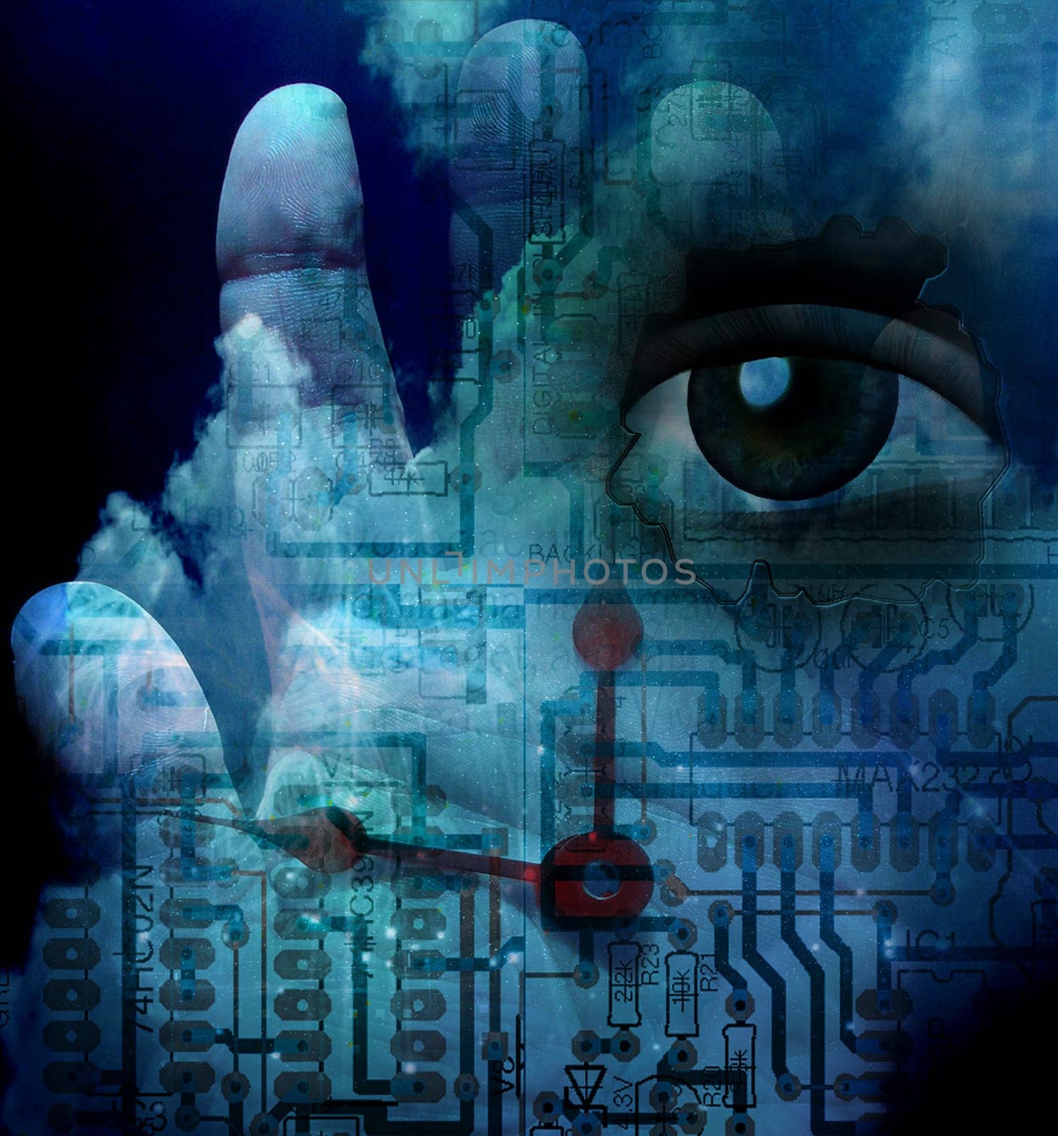 Sci - fi composition. Circuit board and clock hands.
