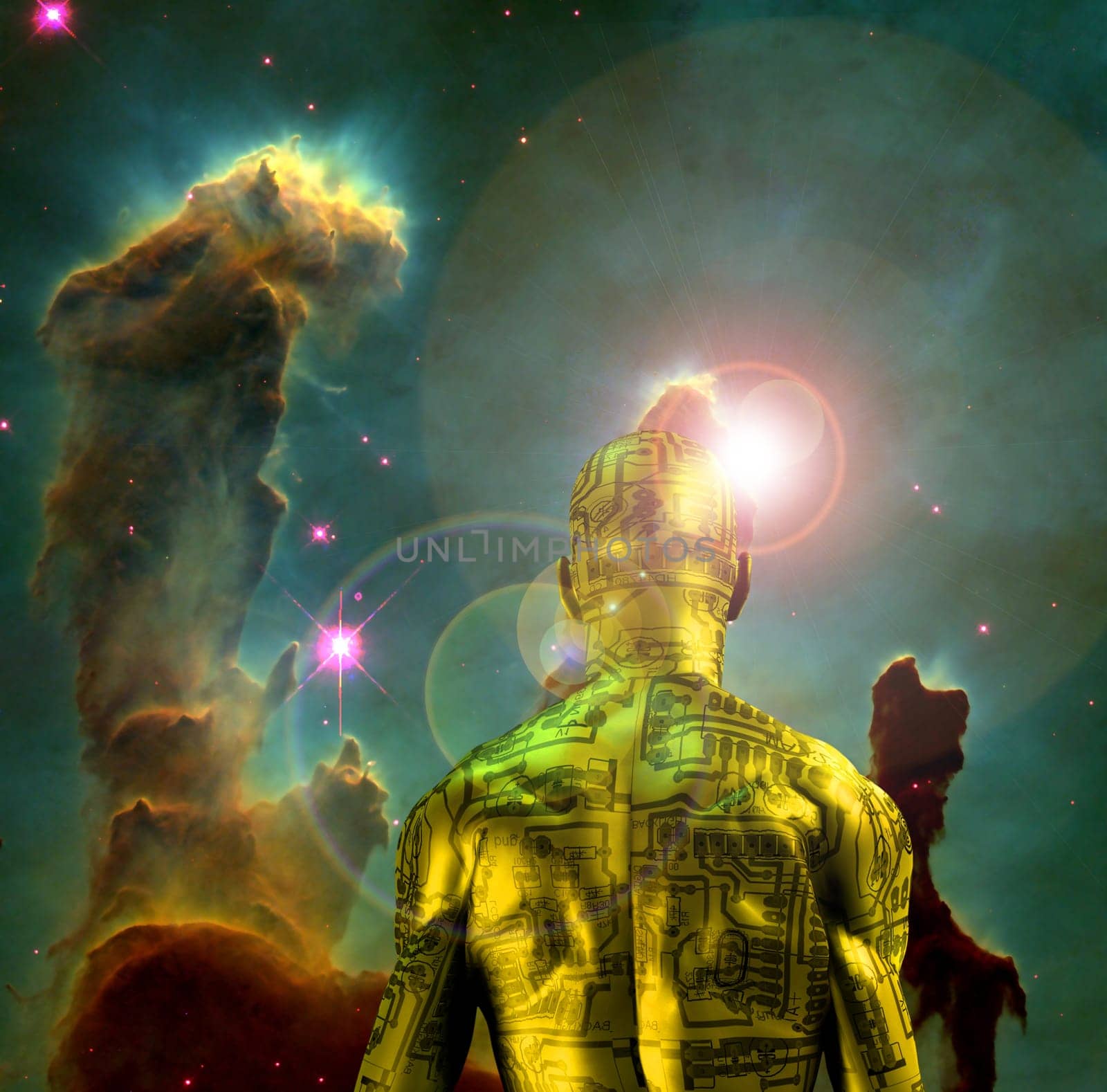 Surreal digital art. Man with electric circuit pattern on his skin stands before nebula in deep space. 3D rendering