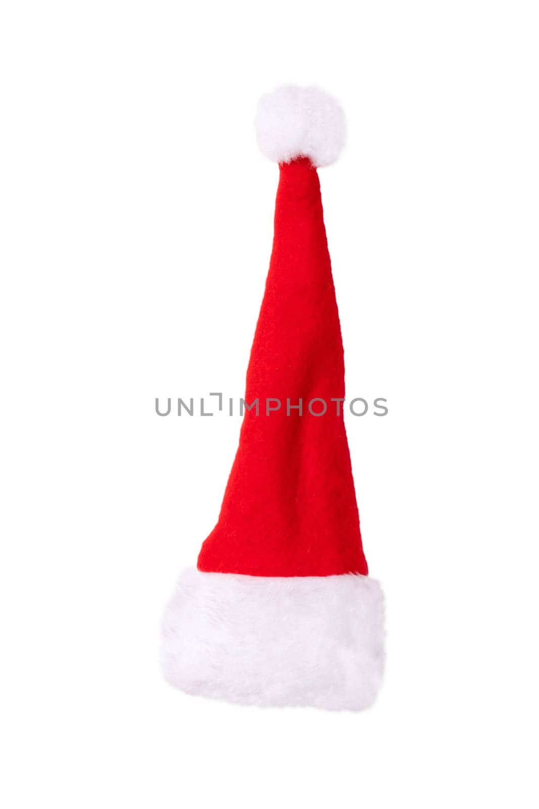 Closeup of a Santa Claus hat isolated on a white background. Christmas decorations background.