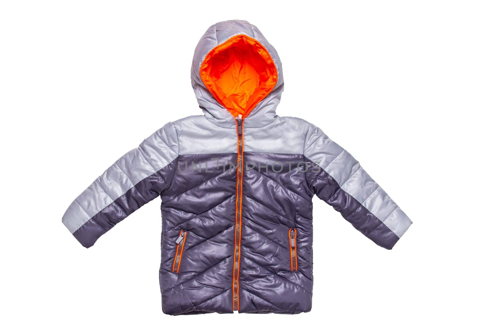 Winter jacket isolated. A stylish black warm down jacket with orange lining for the kids isolated on a white background. Childrens wear for winter.