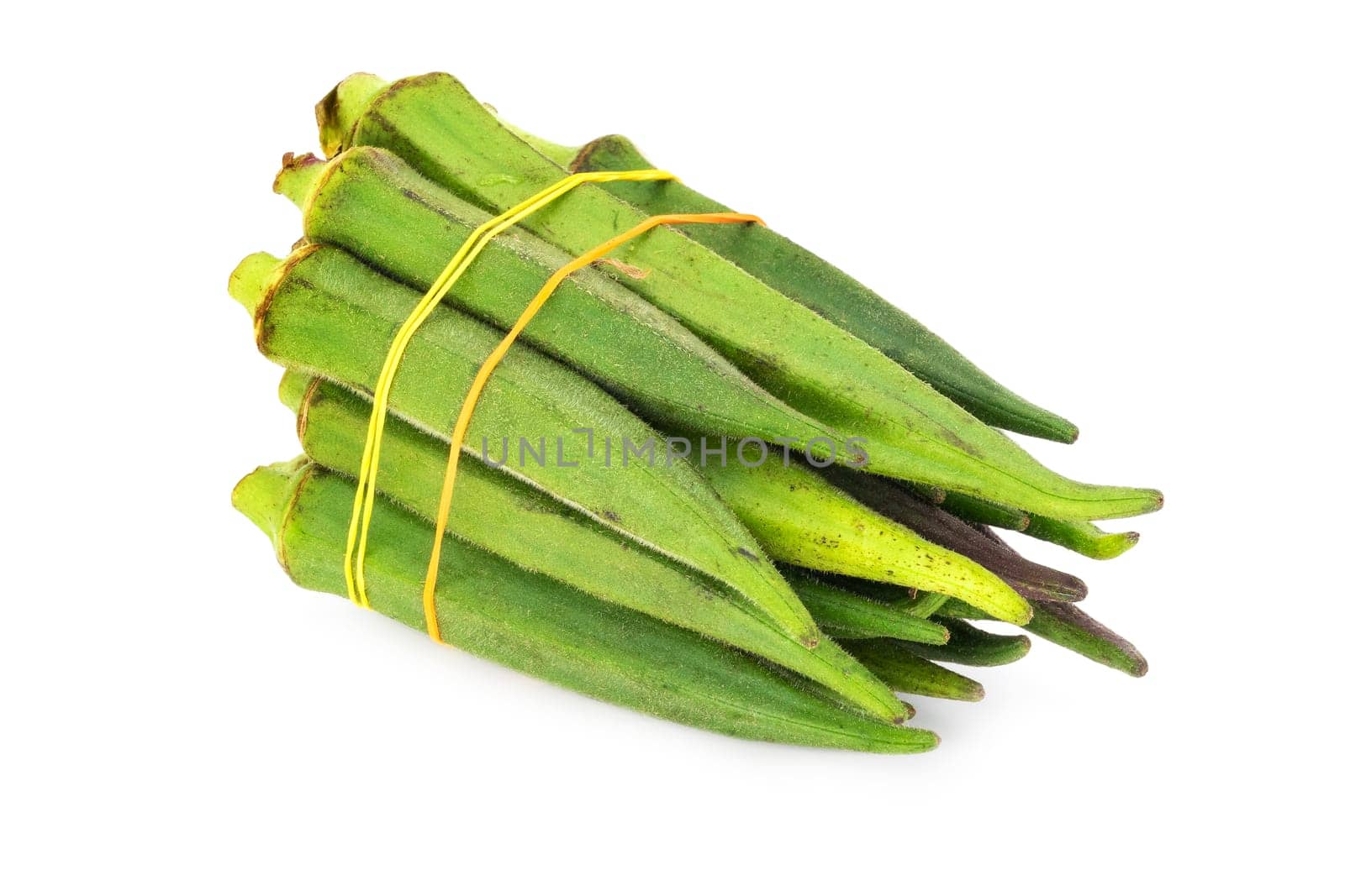 Okra on white background, close up of green vegetable