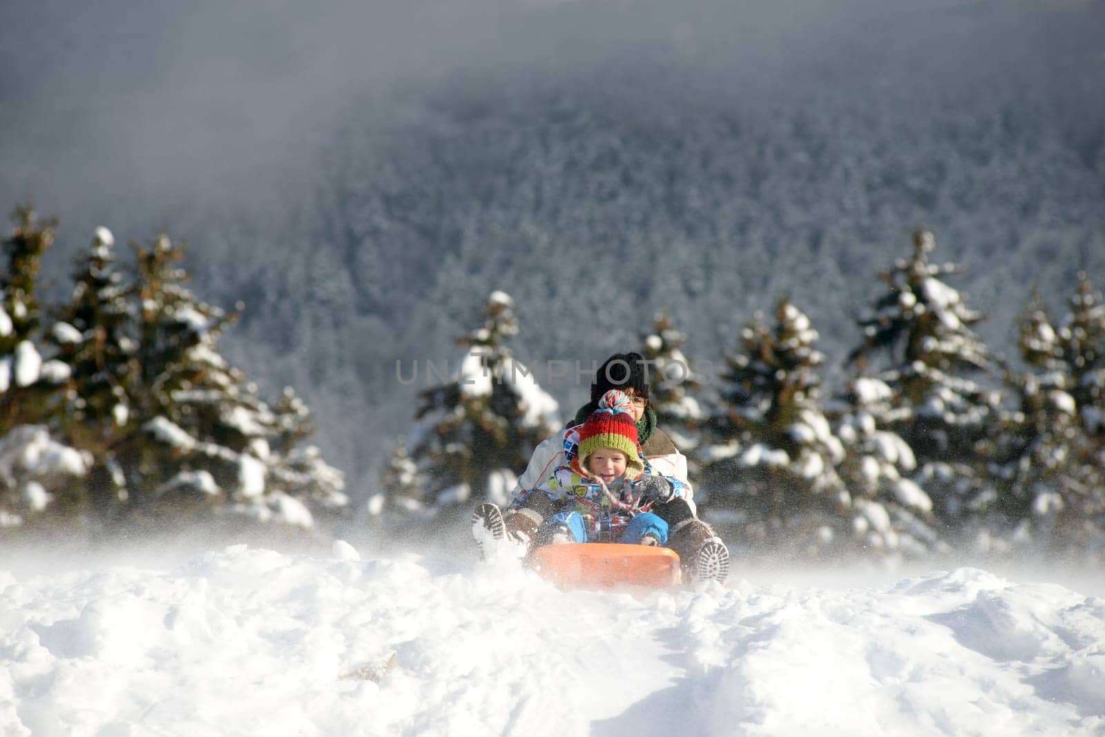a little boy sledging in the snow with an adult