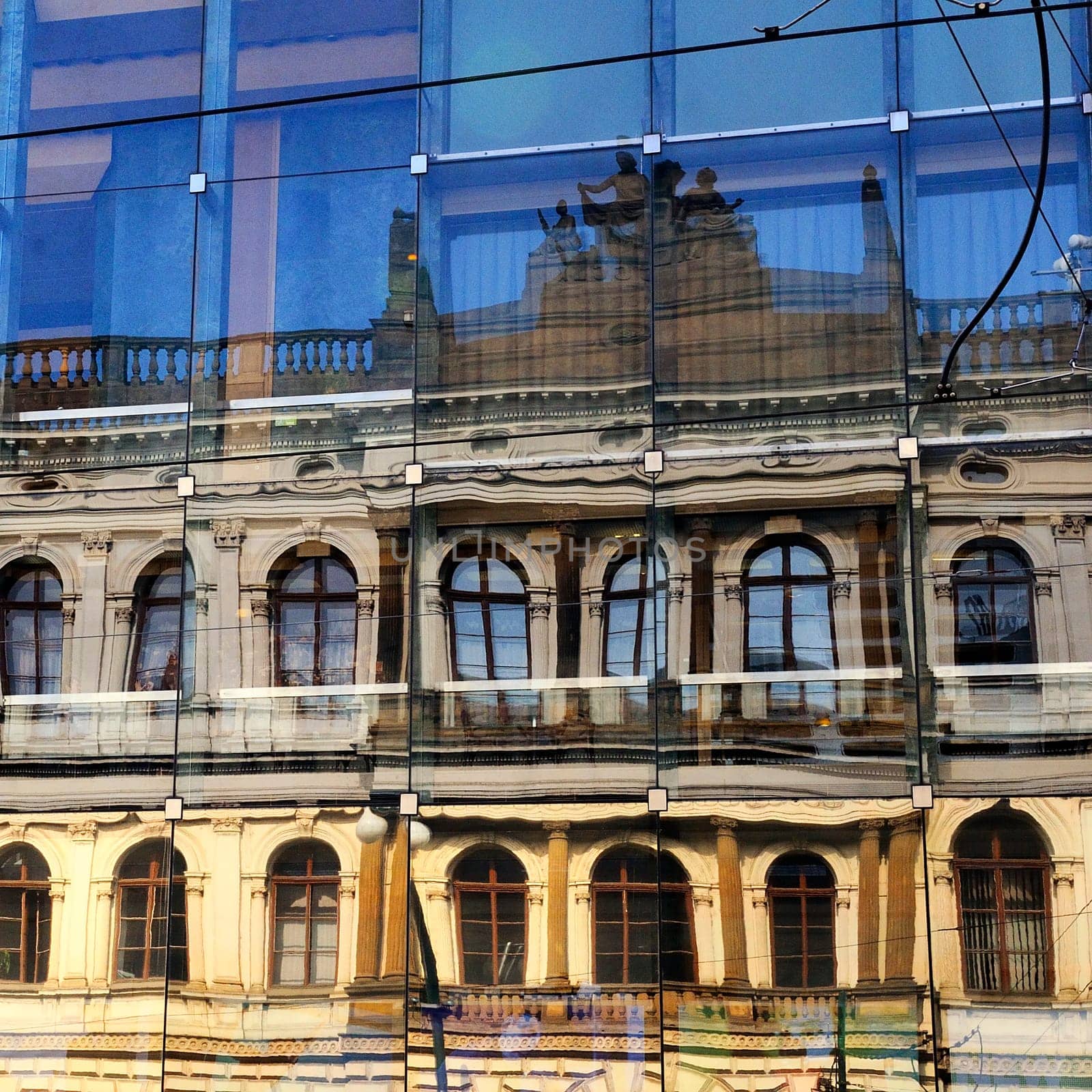 Nice view of ancient and modern buildings in Praha city