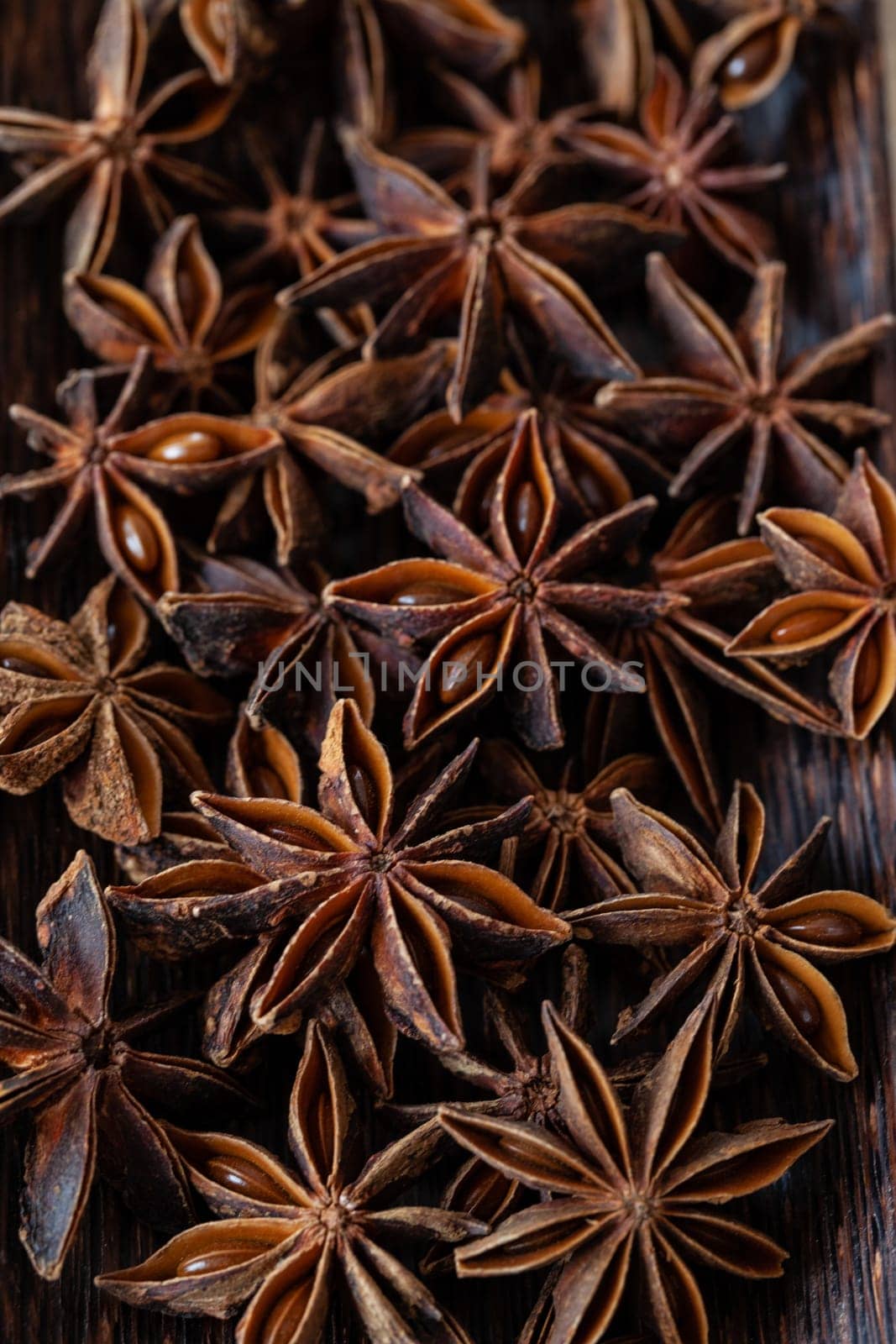 Background made of star anise / cooking ingredient with copy space