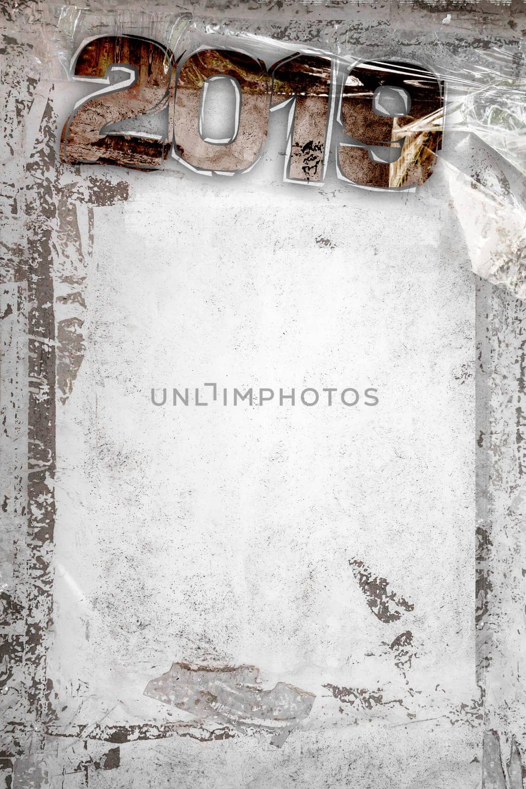 2019 Happy New Year grunge background with grungy frame and remains of scotch tape and cellophane. Fully editable. Ideal to use for parties invitation, dinner invitation, grungy events and more.