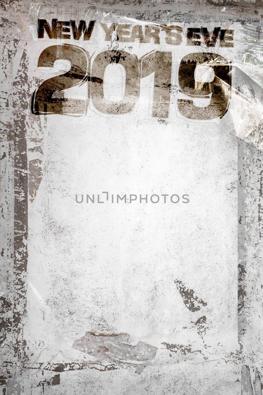 2019 Happy New Year grunge background with grungy frame and remains of scotch tape and cellophane. Fully editable. Ideal to use for parties invitation, dinner invitation, grungy events and more.