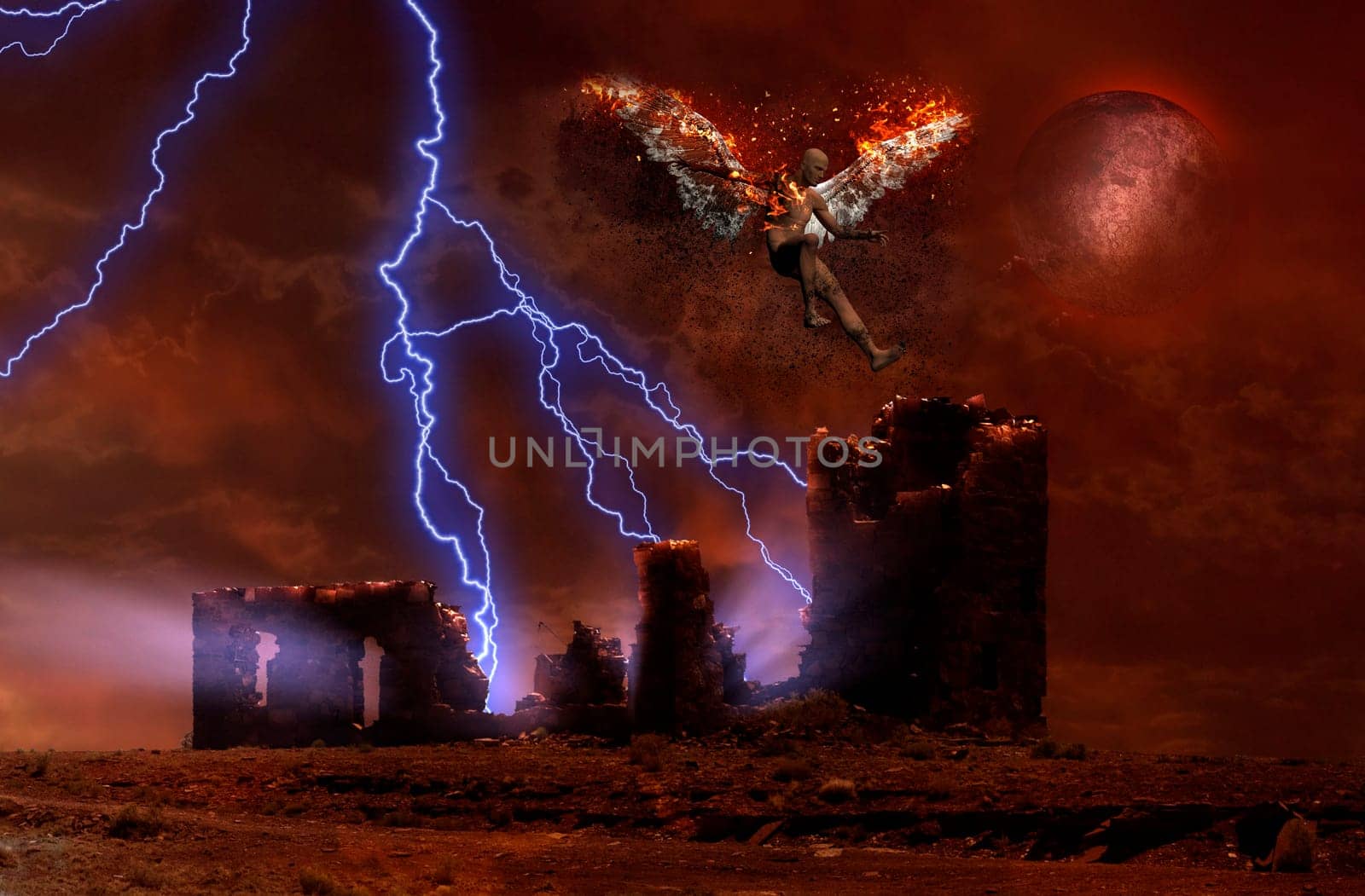 Surreal digital art. Lightning strikes spooky ruins of temple. Man with burning wings symbolizes fallen angel.