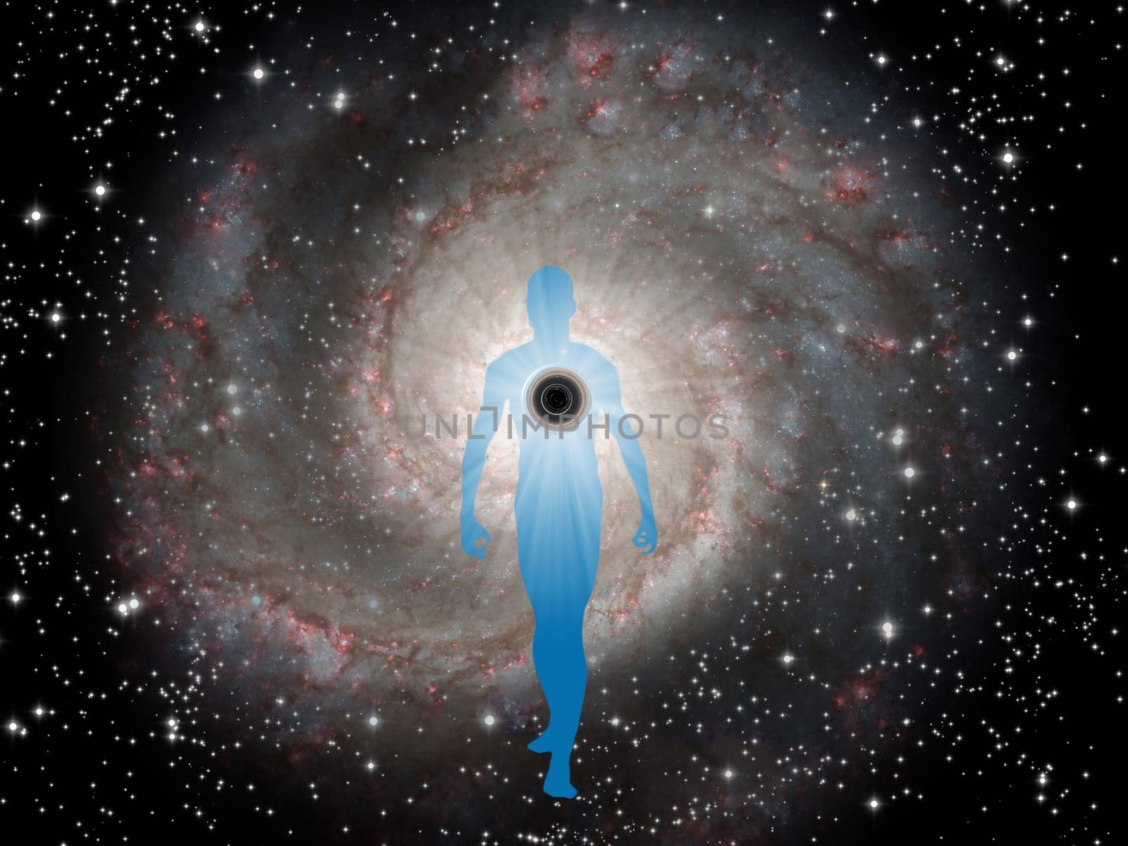 Figure of man in center of galaxy. Black hole rebirth
