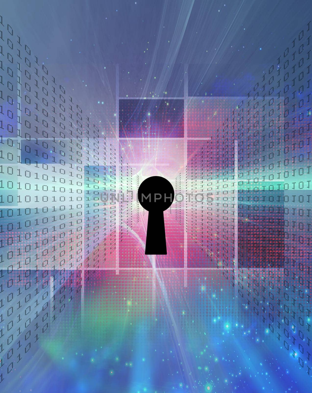 Modern art. Keyhole and binary code on a background.