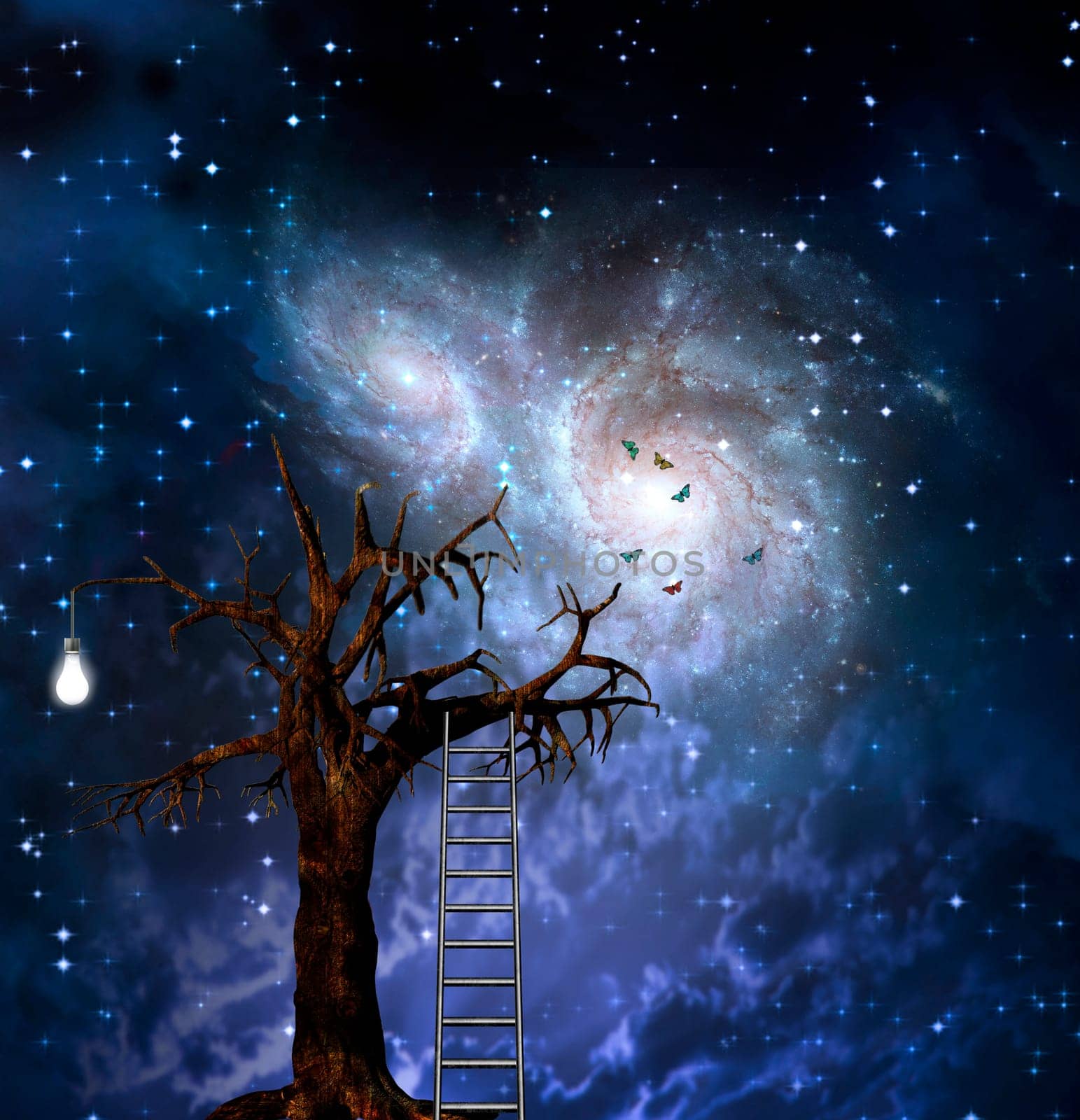 Old tree with ladder. Light bulb represents idea. Spiral galaxies in starry sky
