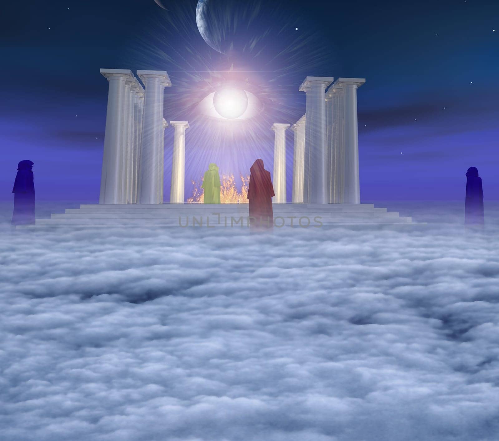 Temple with holy fire. Eye of God in the sky. Priests or monks in colorful cloaks