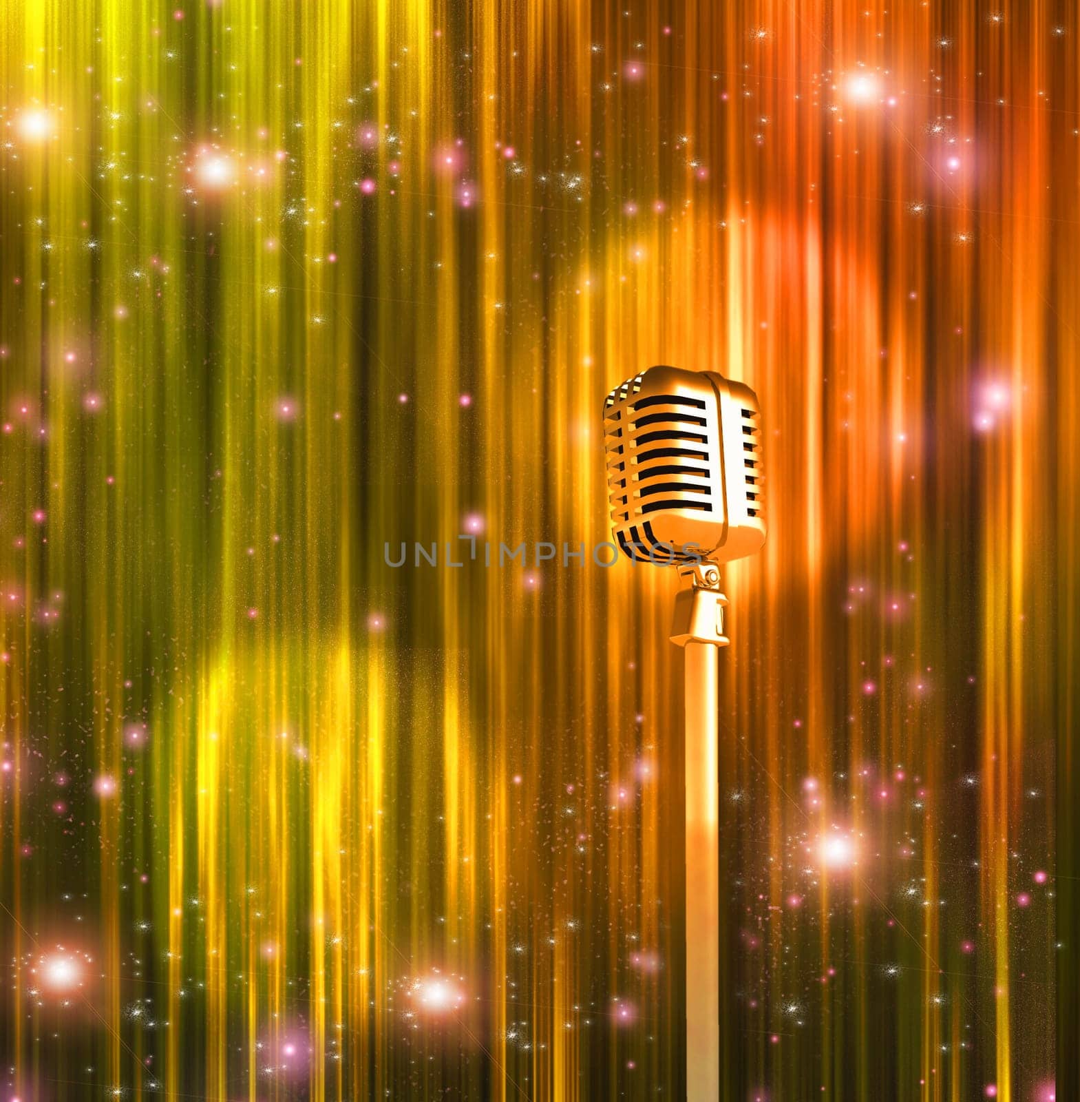 Classic Microphone with Colorful Curtains. 3D rendering