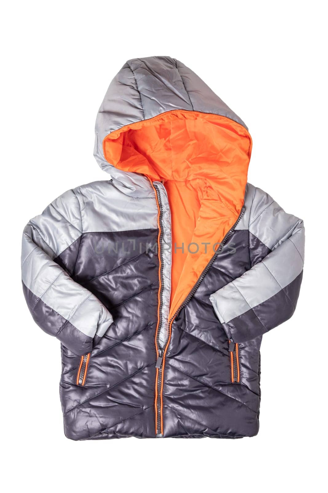 Winter jacket isolated. A stylish black warm down jacket with orange lining for the kids isolated on a white background. Childrens wear for winter.