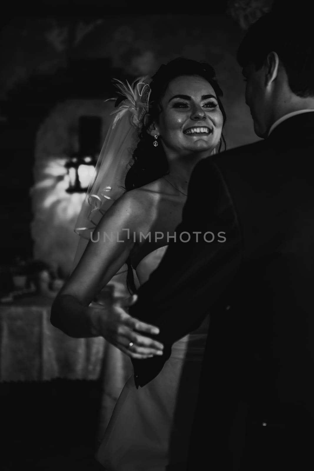 Black white photography beautiful young couple stand on background cafe