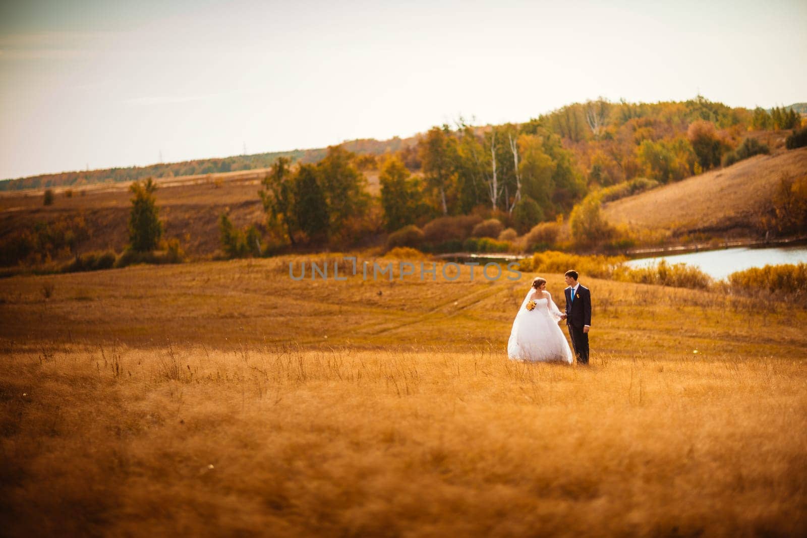 young bride and groom on the background of the field