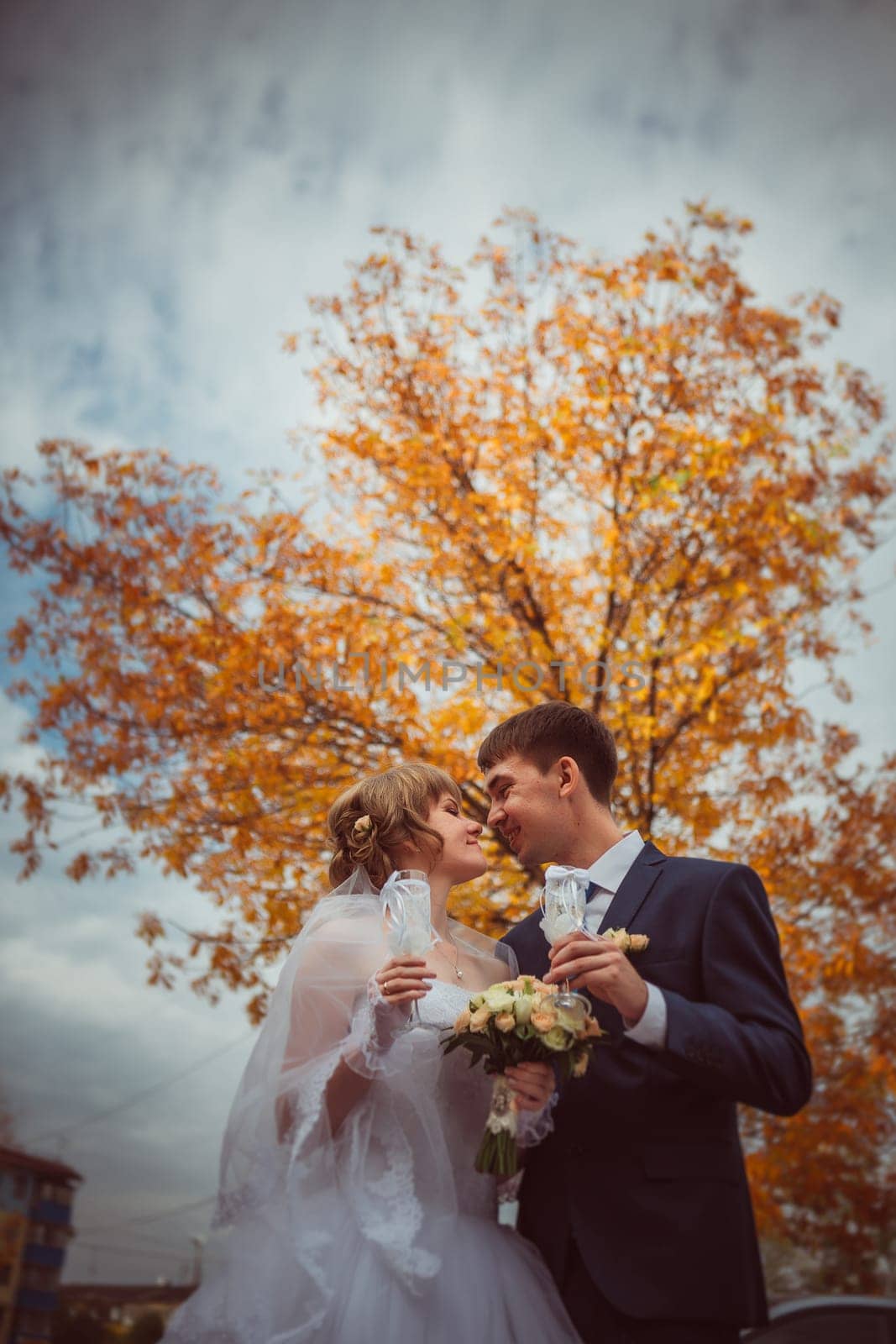 young bride and groom on the background of the autumn landscape