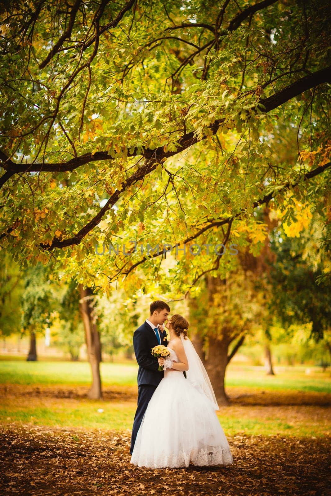 young bride and groom on the background of autumn landscape