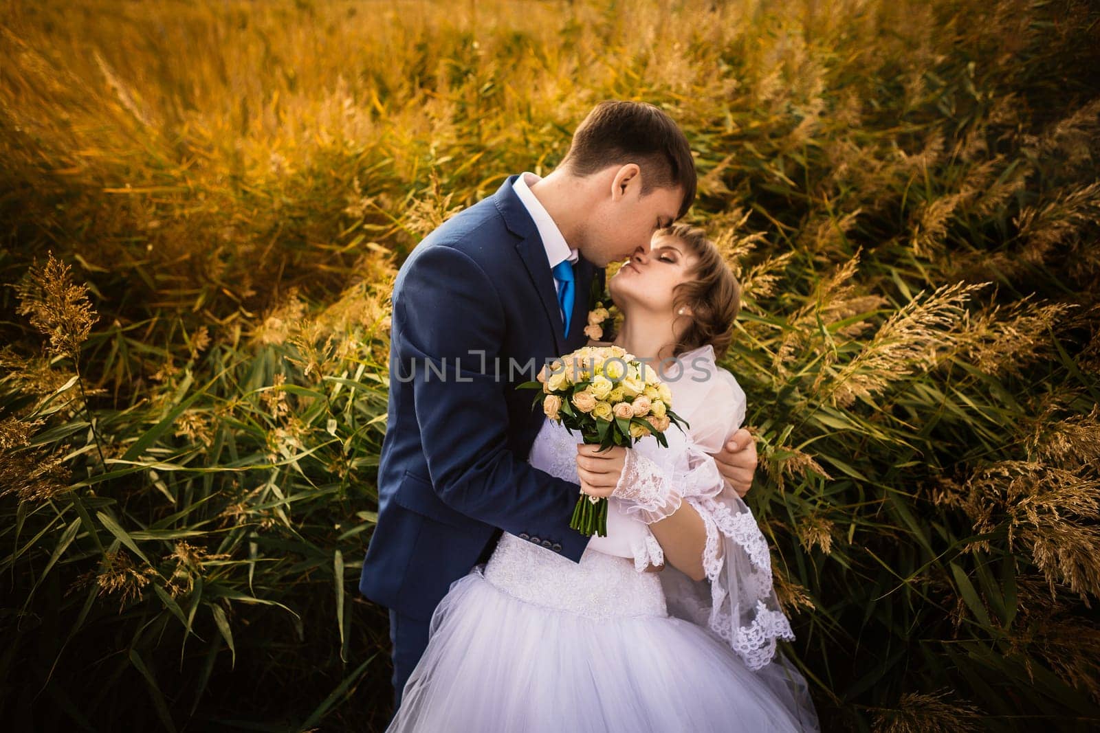 young bride and groom on the background of the field