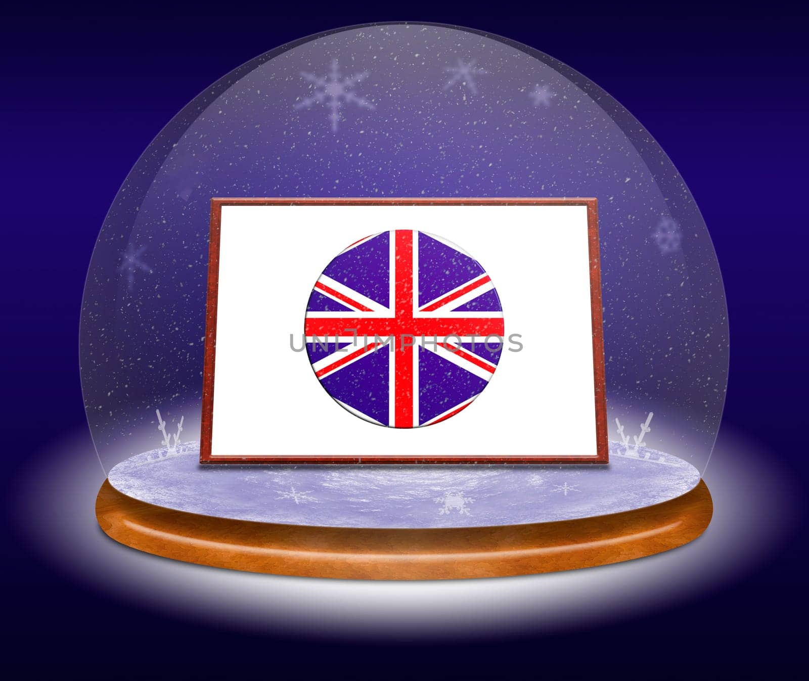 Snow globe with Union Jack. Concept travel Christmas in England