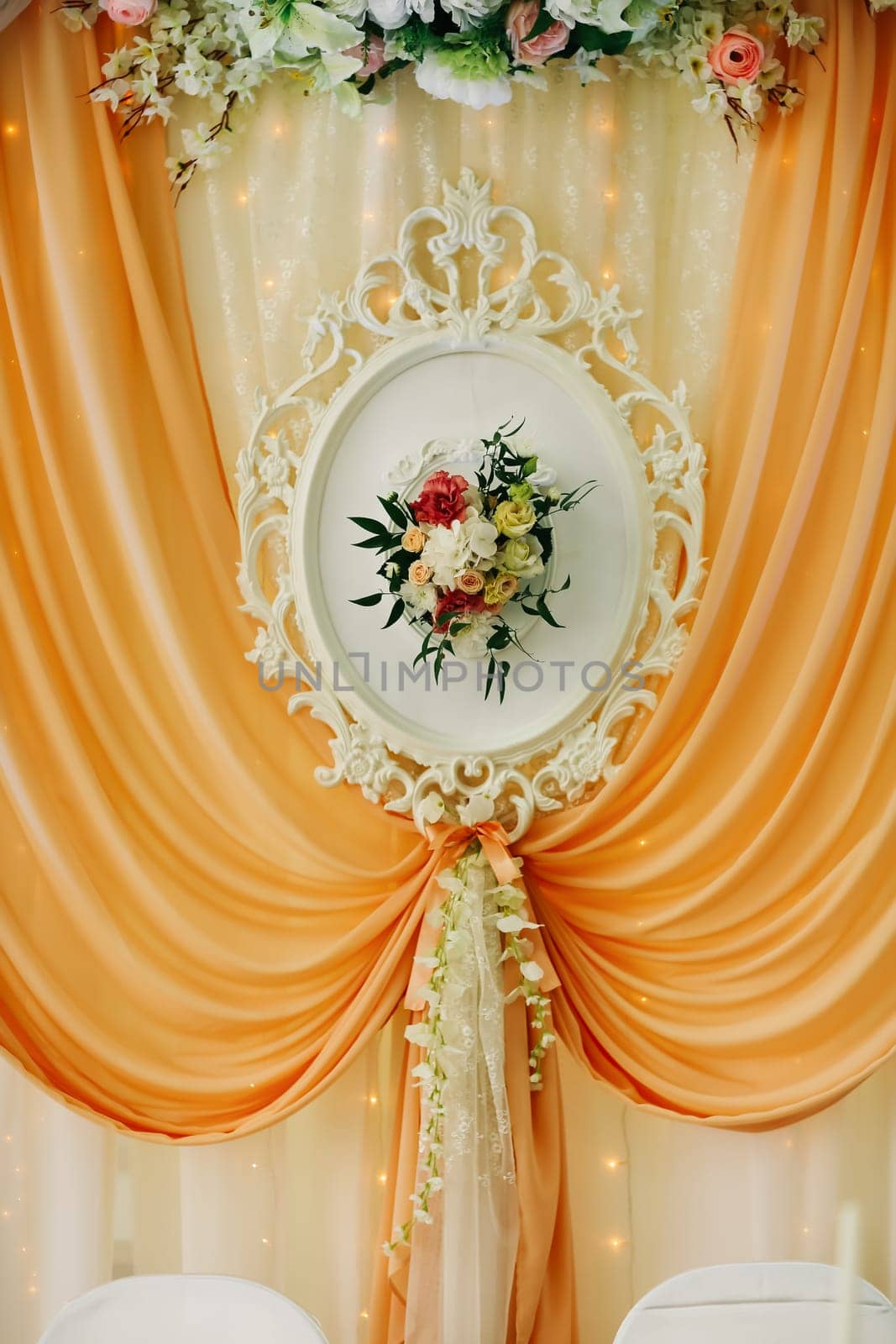 beautiful wedding table decoration decor of the newlyweds in peach tones