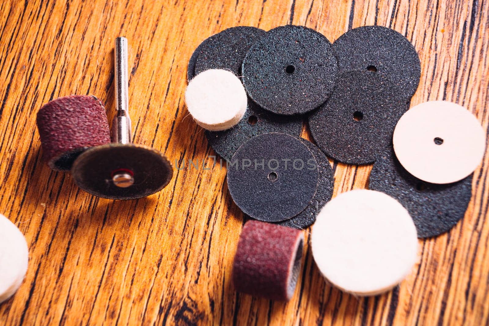 lot of tips a drill closeup on wooden background