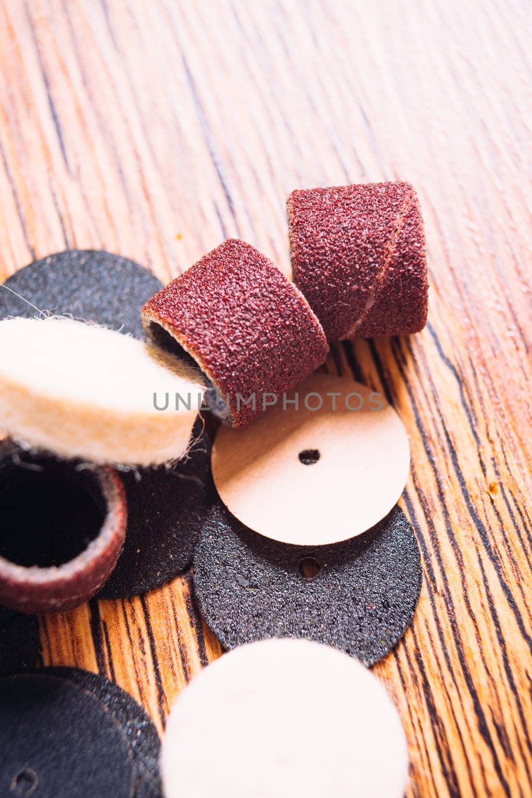 lot of tips a drill closeup on wooden background