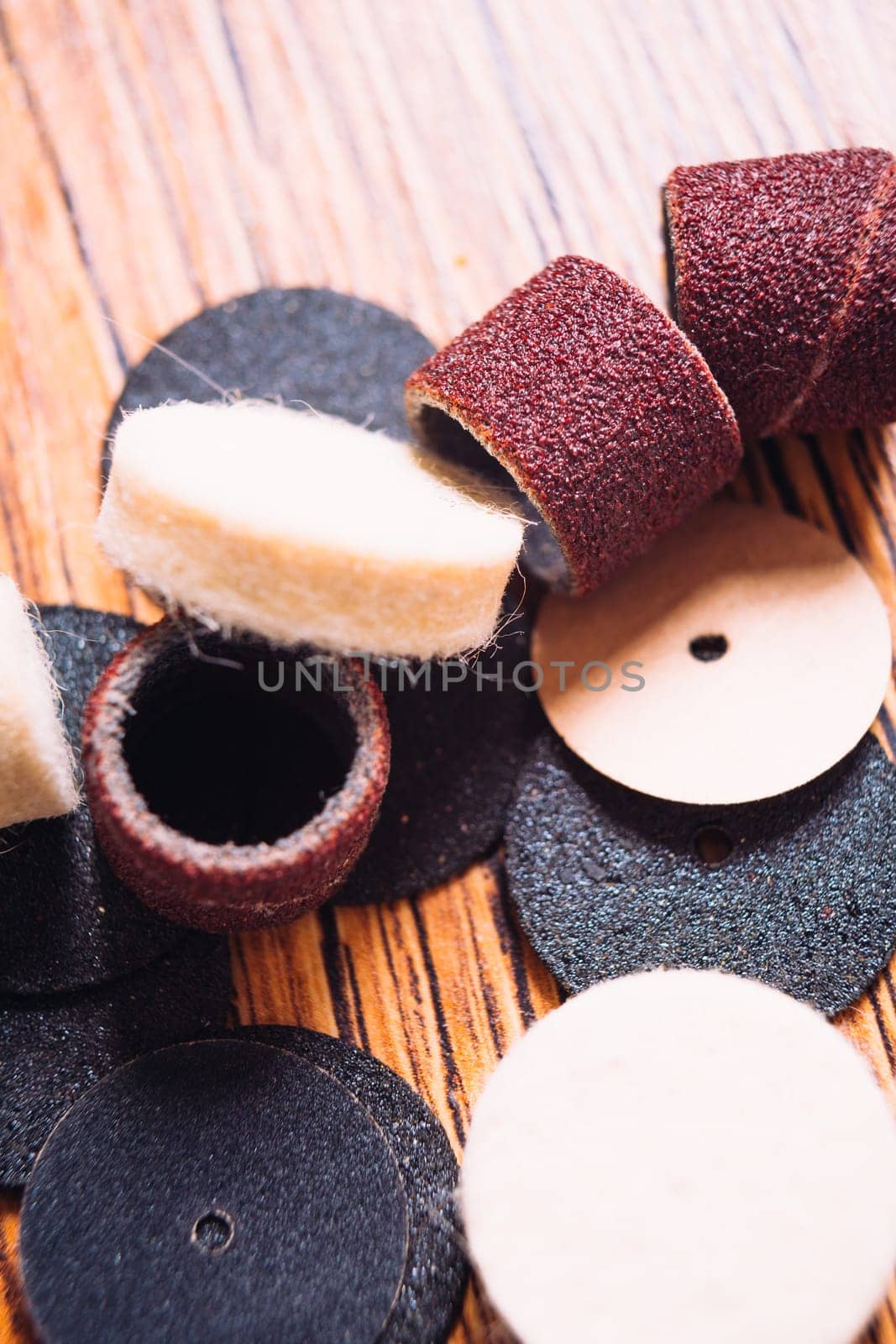 lot of tips a drill closeup on wooden background