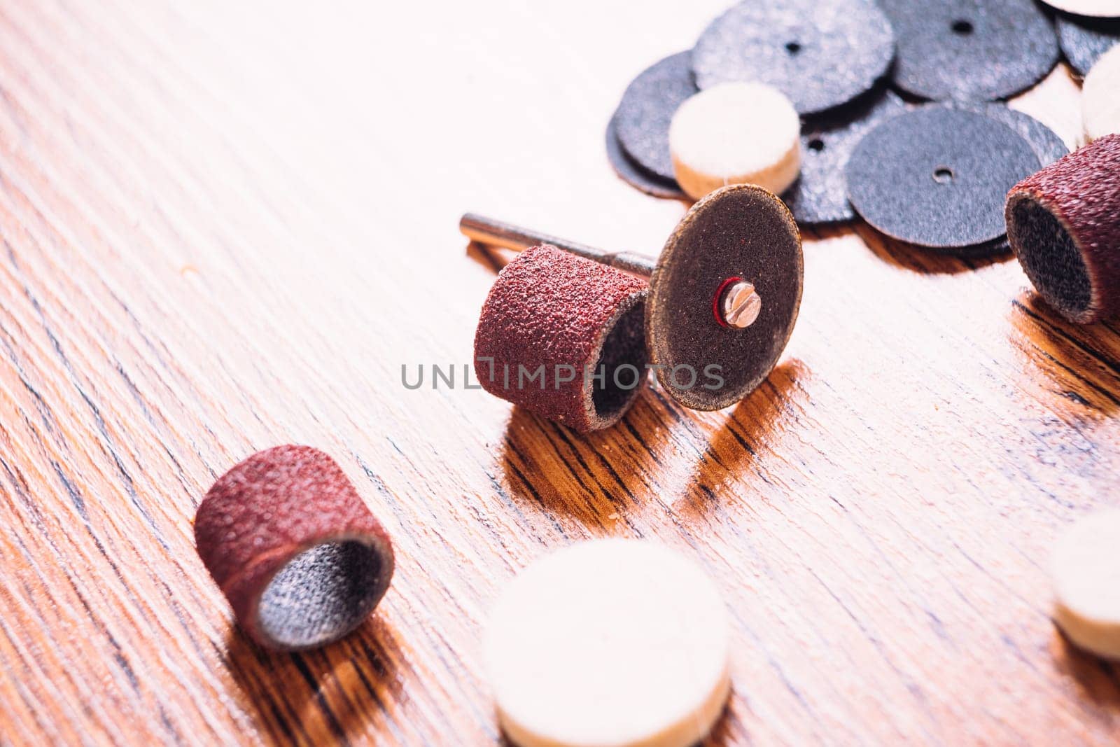 lot of tips a drill closeup on wooden background