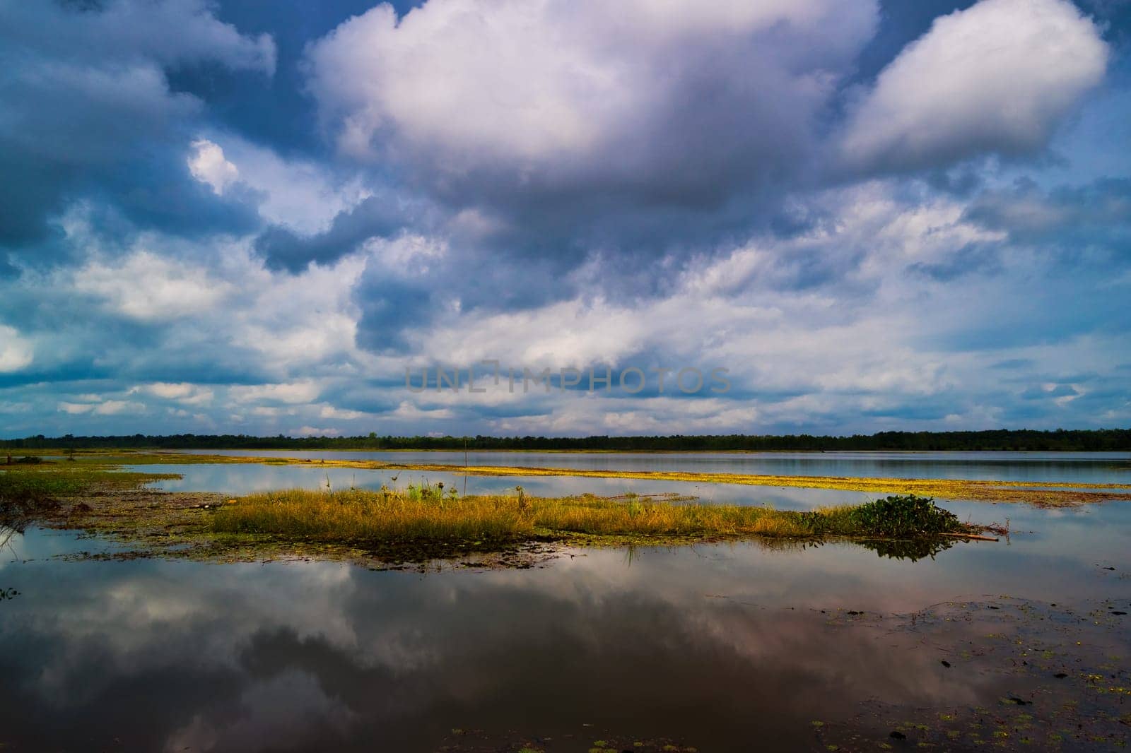 Reflection Lake With Cumulus Clouds, idyllic landscape with standing water