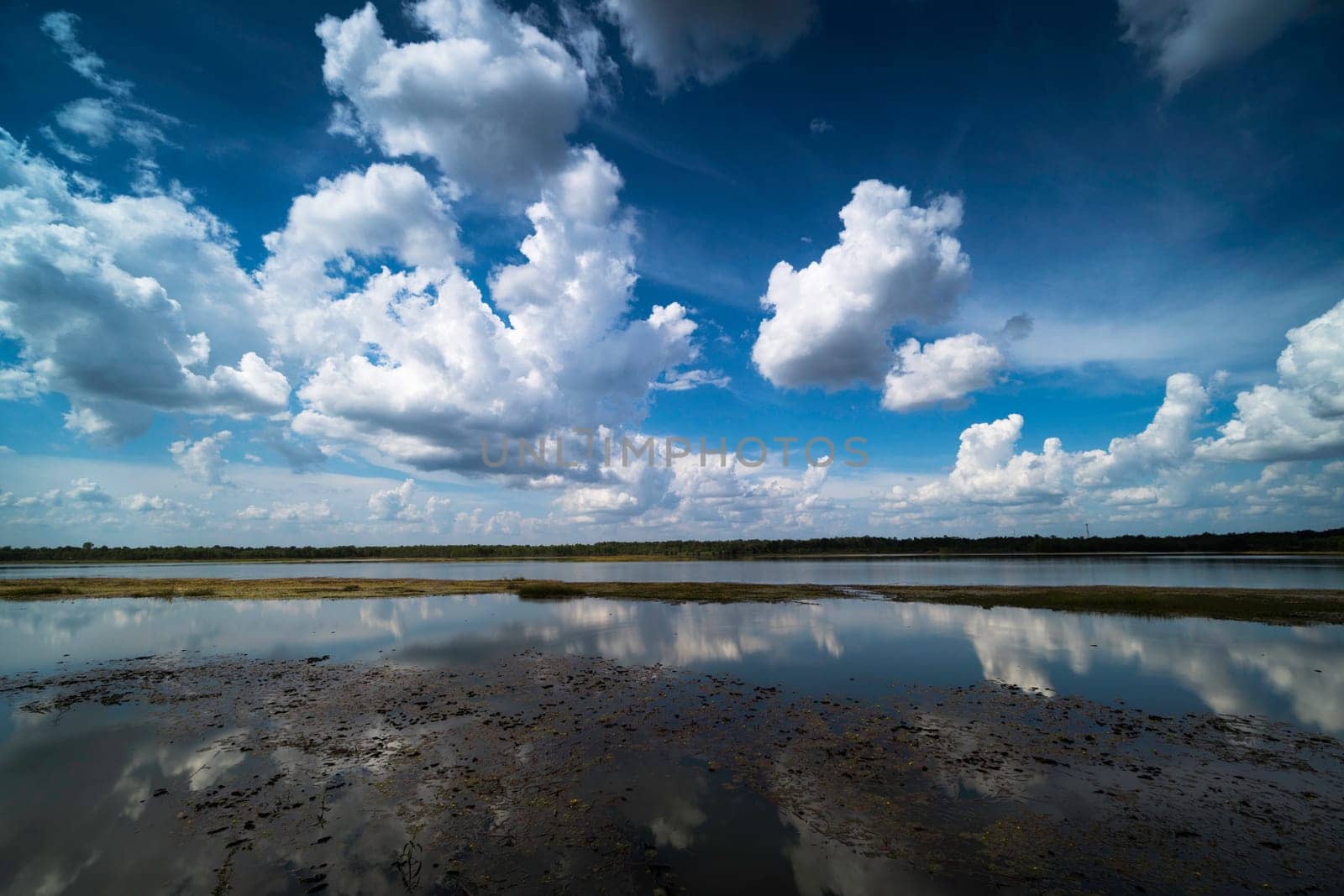 Reflection Lake With Cumulus Clouds, idyllic landscape with standing water
