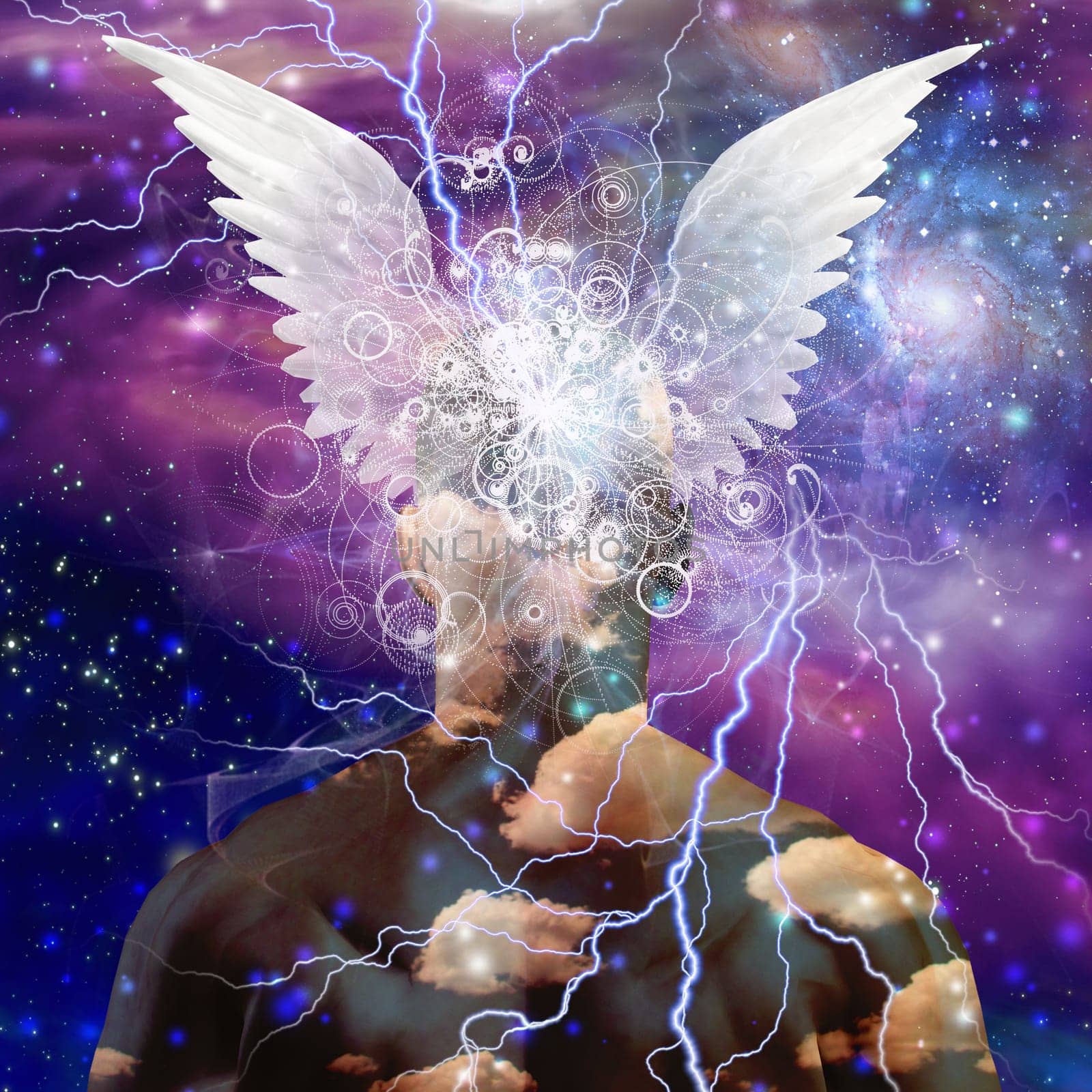 Winged man head on star filled