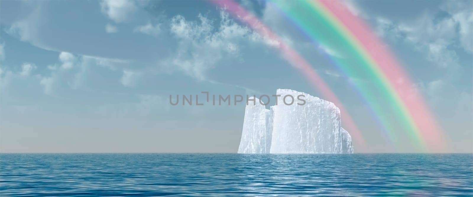 Surreal digital art. Big iceberg floats in quiet ocean. Rainbow in the cloudy sky.